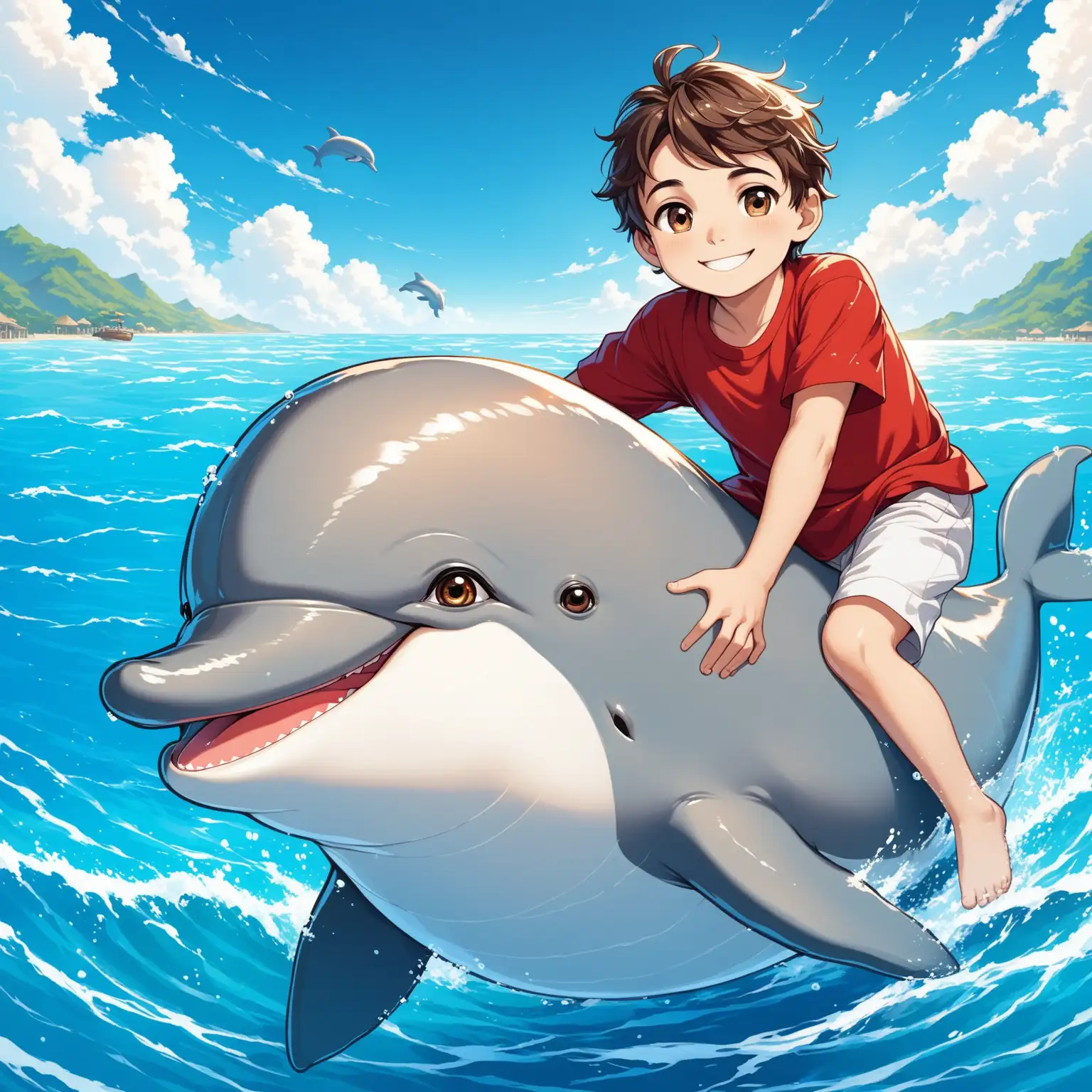 Joyful 10YearOld Riding Dolphin in the Tranquil Waters of the Persian Sea