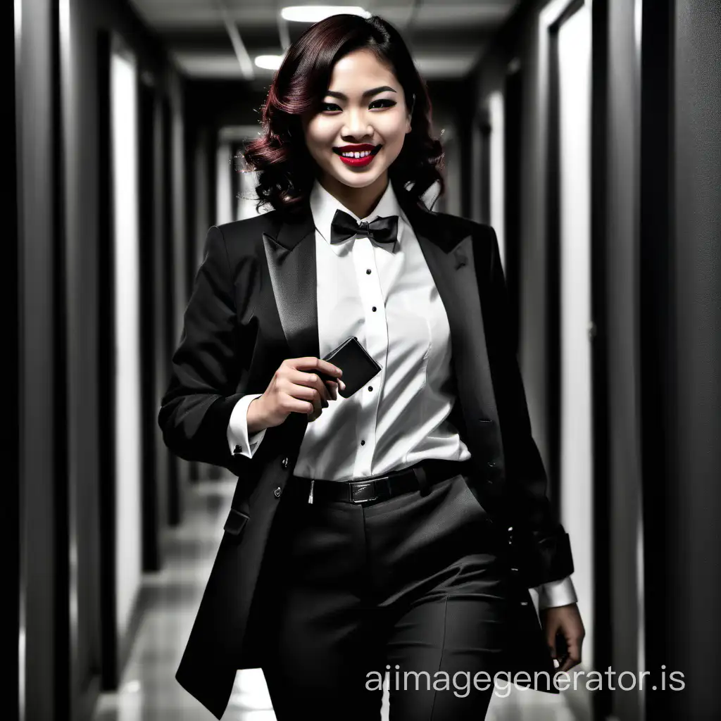 A sophisticated and confident pinoy hitwoman with shoulder length hair and lipstick is walking toward you down a darkened hallway.  She is smiling and laughing.  She is wearing a black tuxedo with a black jacket.  Her jacket is opened. Her shirt is white with double french cuffs and a wing collar.  Her bowtie is black.  Her cufflinks are silver.  She is wearing black pants. She is removing a small pistol from her pocketbook.