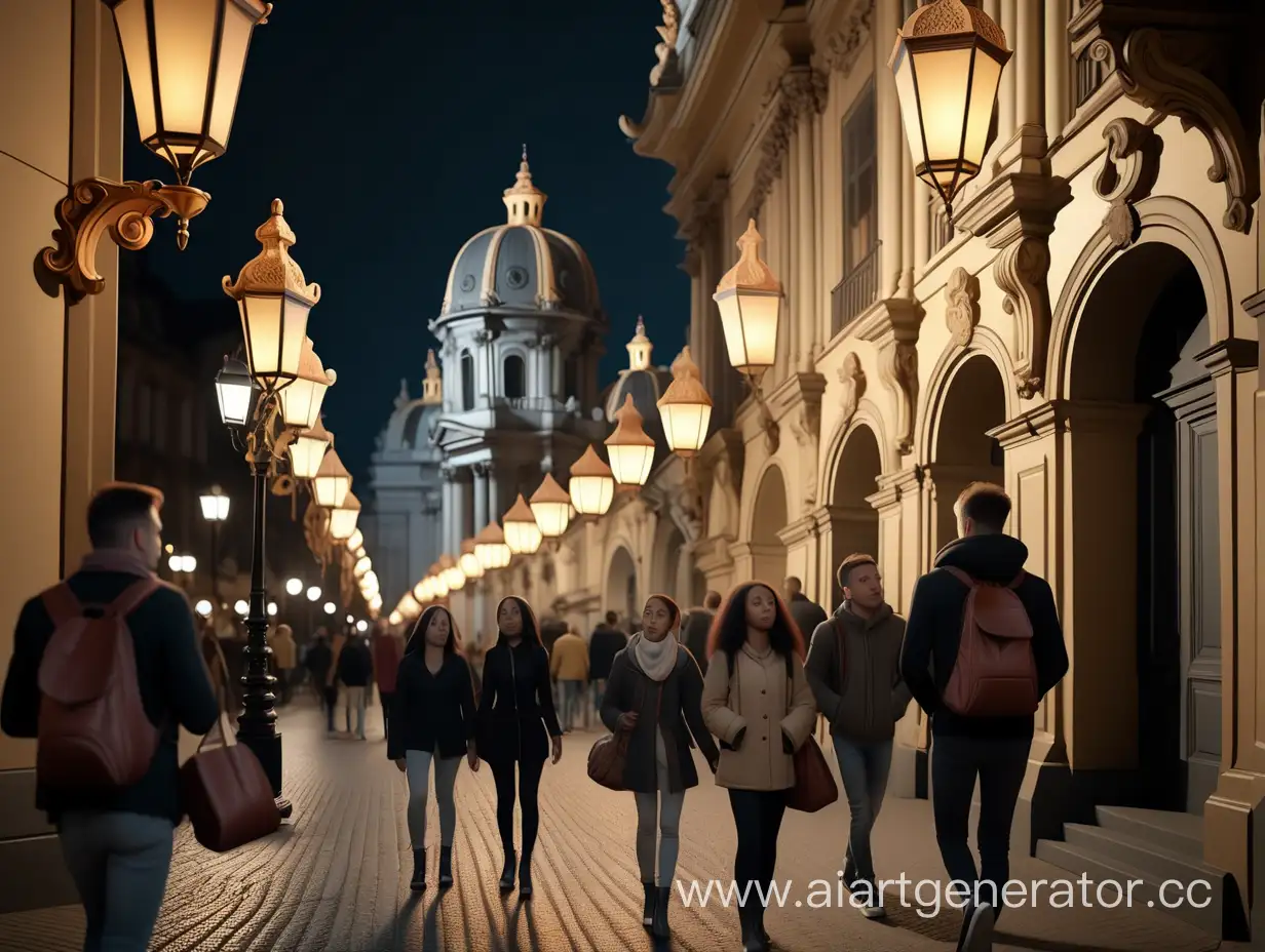Люди вечером ходят по городу, фонари в стиле барокко, высокая детализация, снято на Sony A7R IV, широкоугольный объектив, 8К.