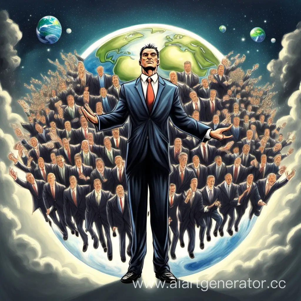 менеджер-Бог, статный мужчина в деловом костюме, держит на своих плечах целый мир со своим персоналом, больше фантастики