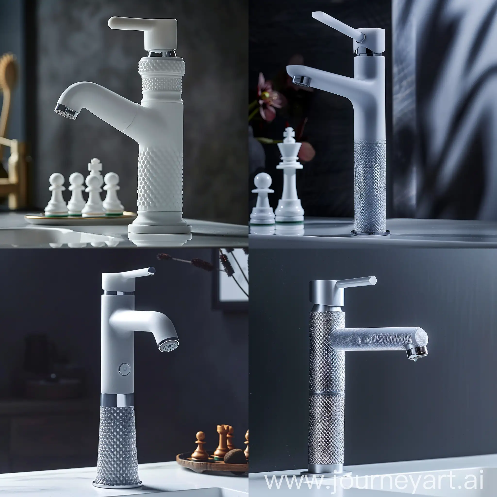 An innovative faucet, with a frosted surface treatment and a rotating water control valve as large as Chinese chess. The surface treatment has special patterns to increase the touch power. The handle connecting the rotating head is short and cute, and the overall faucet is treated with a guide angle, making it feel comfortable, approachable, minimalist, advertising photography, and studio lighting