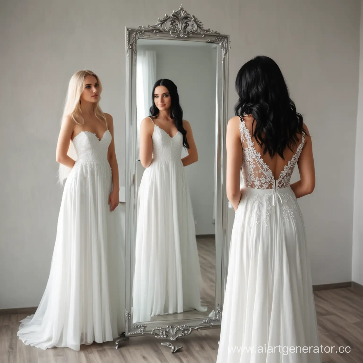 A beautiful blonde girl in a beautiful white wedding dress is standing at the mirror and next to her is a girl with black hair