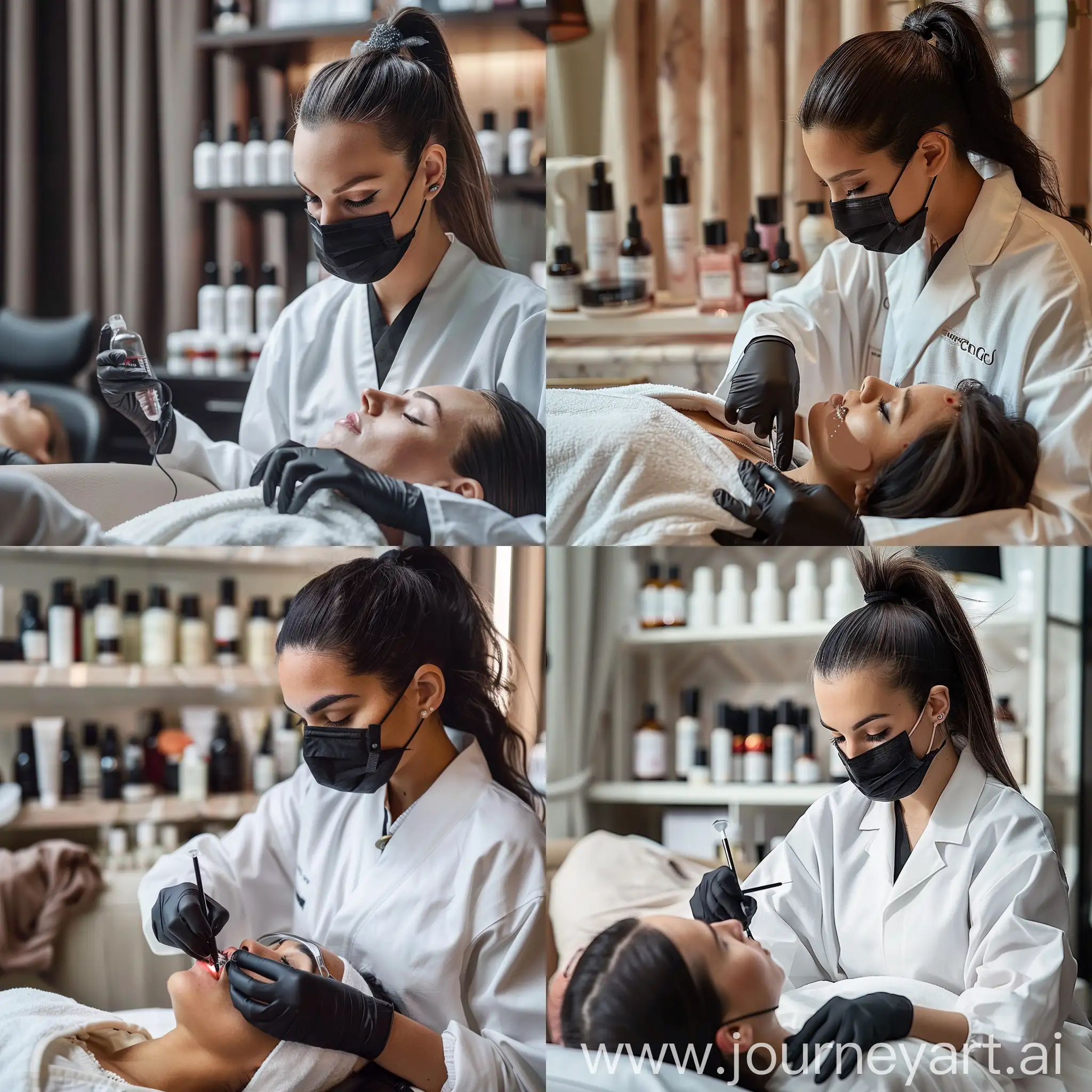 Brunette-Cosmetologist-Performing-Procedure-on-Client-with-Cosmetic-Bottles-in-Background