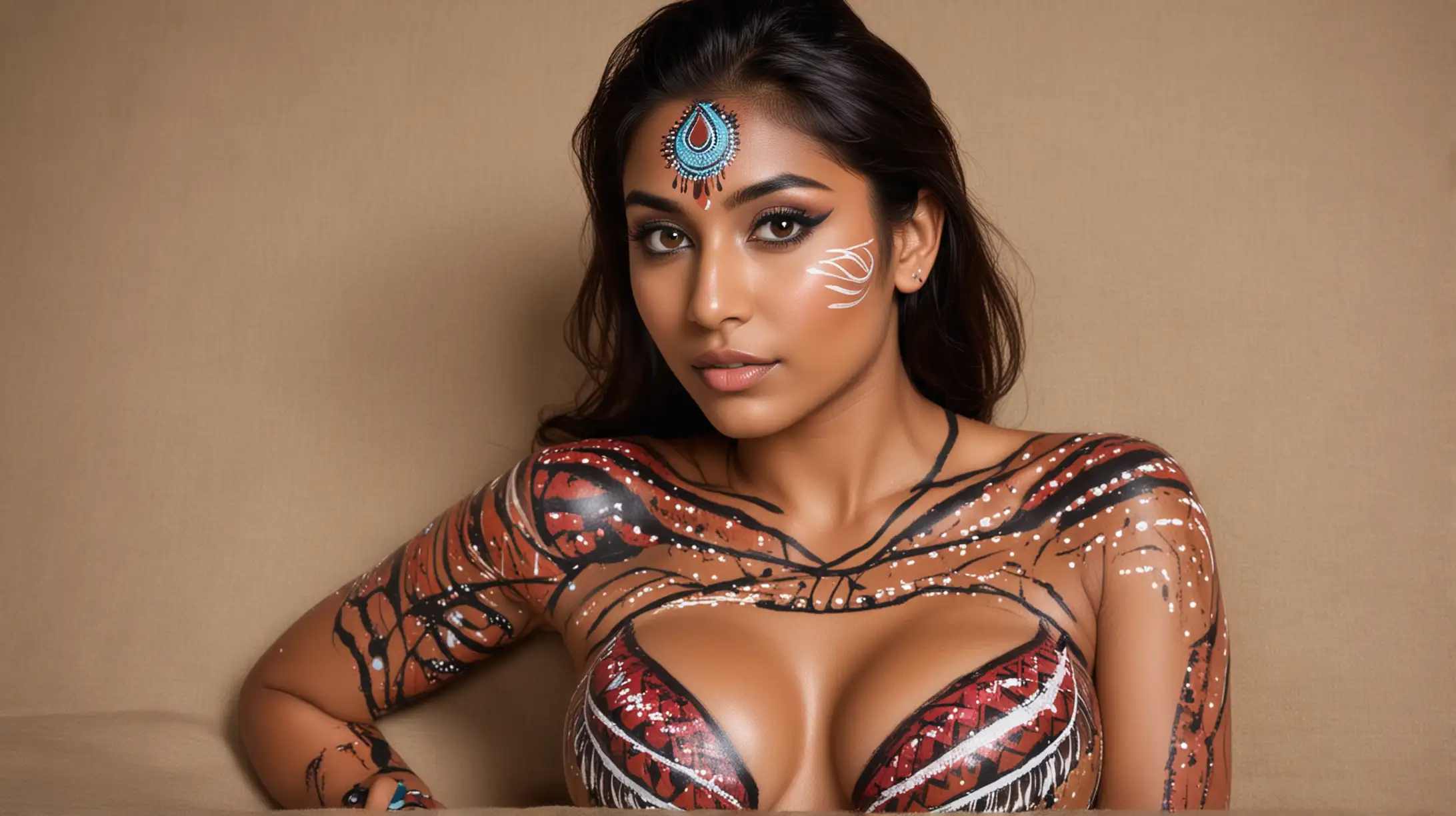 Pretty, 5 foot 8 inches, 24 year old, Indian woman, body paint, at a photoshoot, Athletic, DD breasts. Lying down. Close up. 