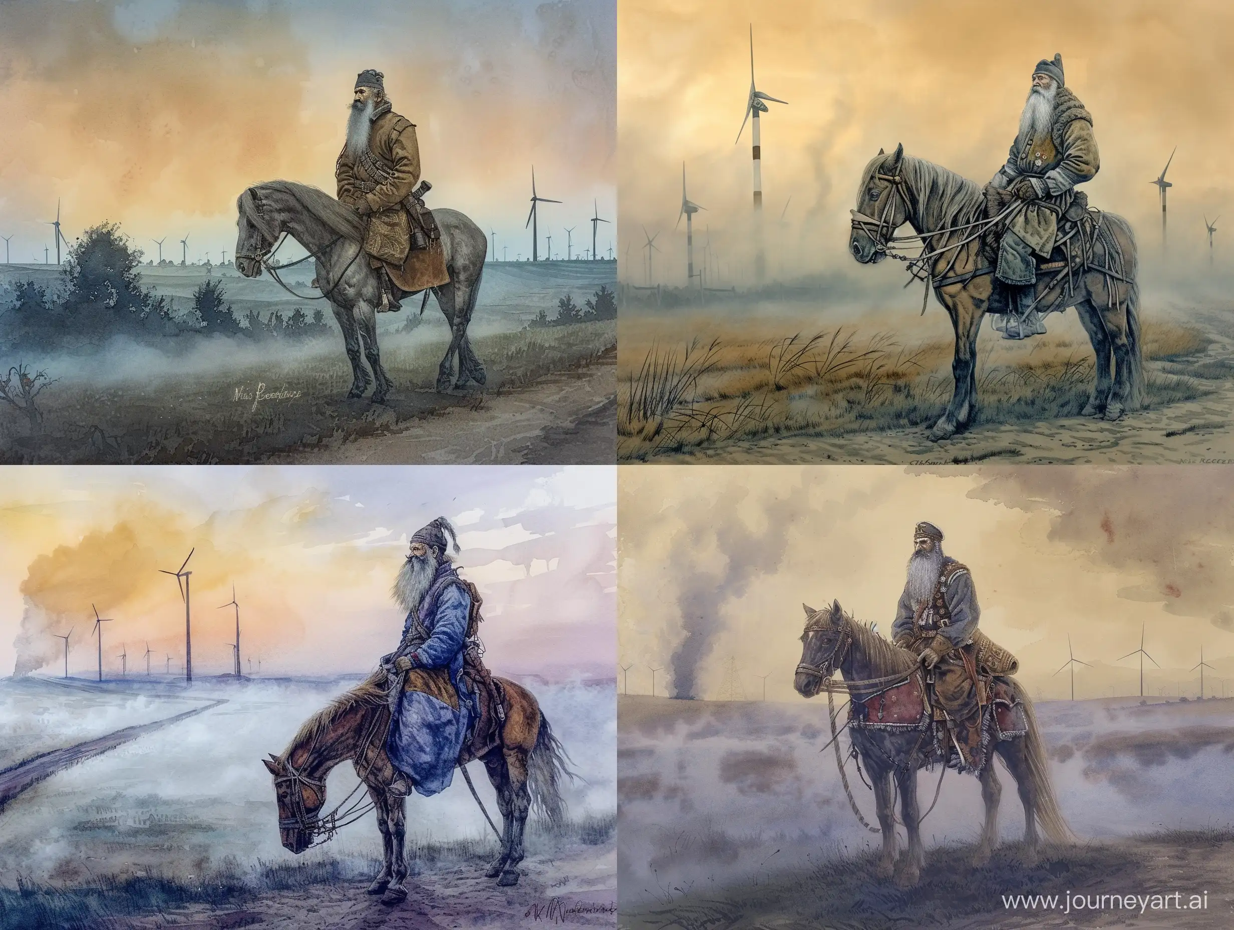 A rider with a long gray beard and mustache, sitting on a horse that stands sideways, Cossack clothes on the rider, evening lighting, fog creeping over the ground, against the background of a field with wind turbines, watercolor style, ink, Nicholas Roerich