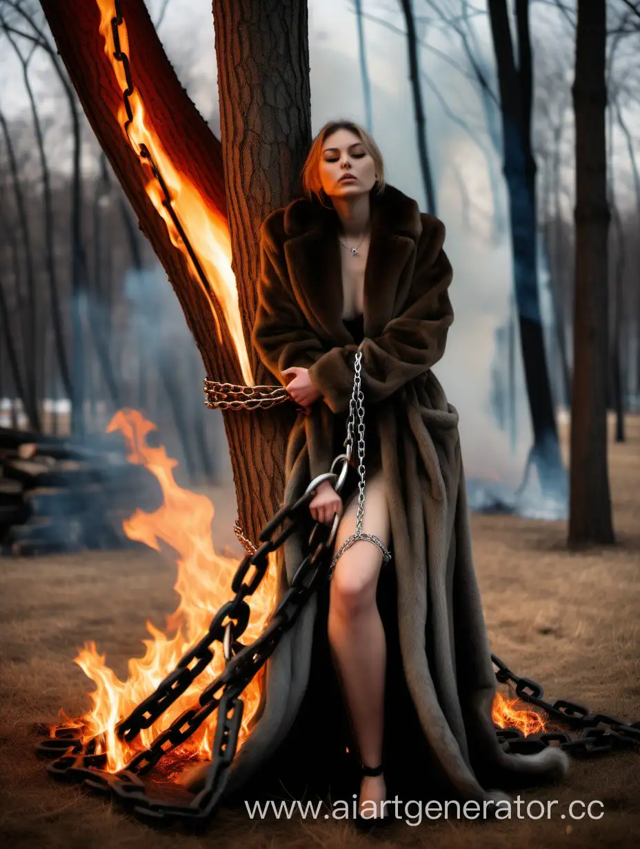Tall-Girl-in-Luxurious-Mink-Coat-Bound-to-Tree-by-Chains-Near-Burning-Fire