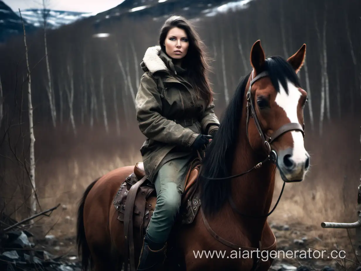 Brunette-Riding-Horse-in-PostApocalyptic-Norway-During-Spring