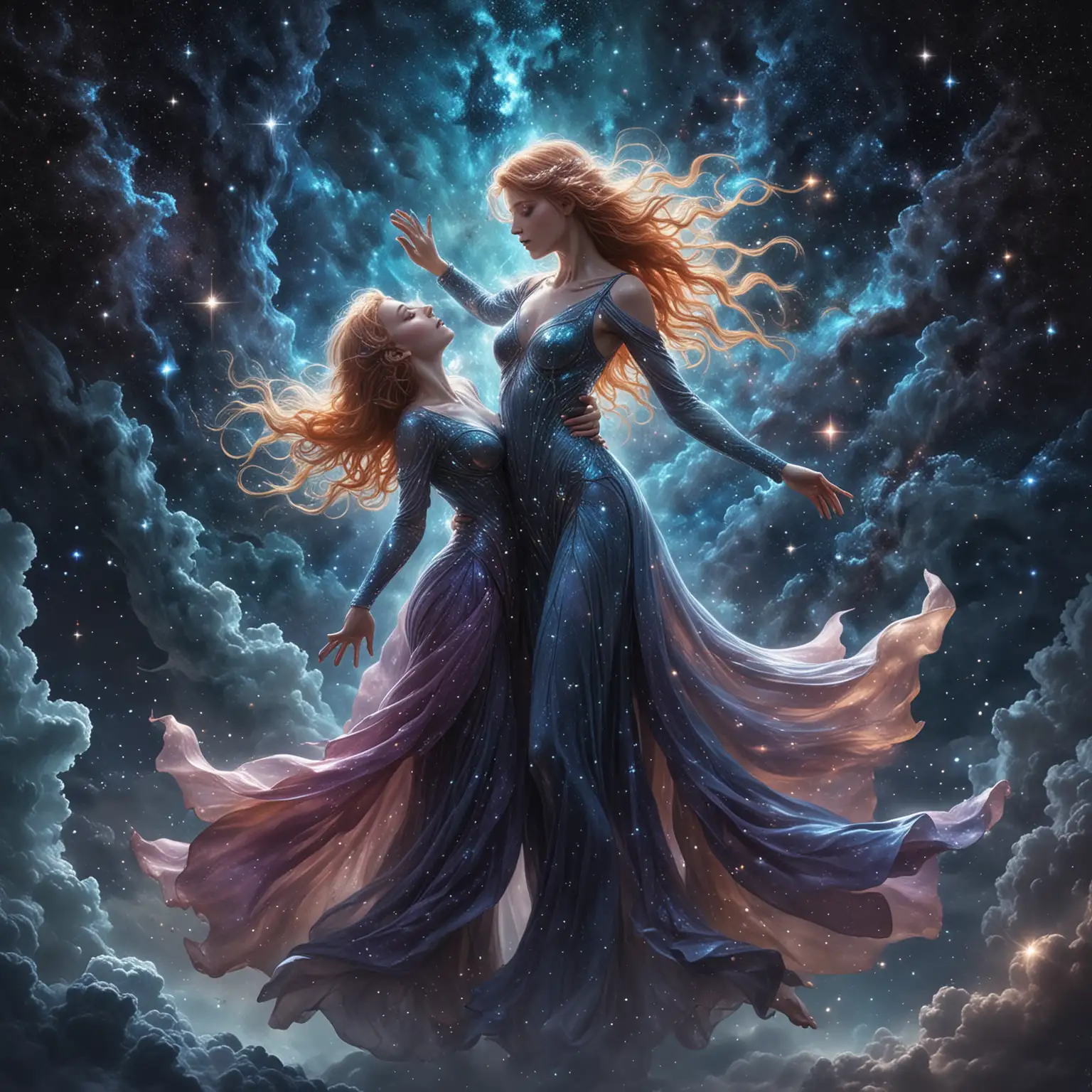 Mythical Beings in Stardust Embrace A Celestial Realm of Dancing Constellations and Singing Nebulae