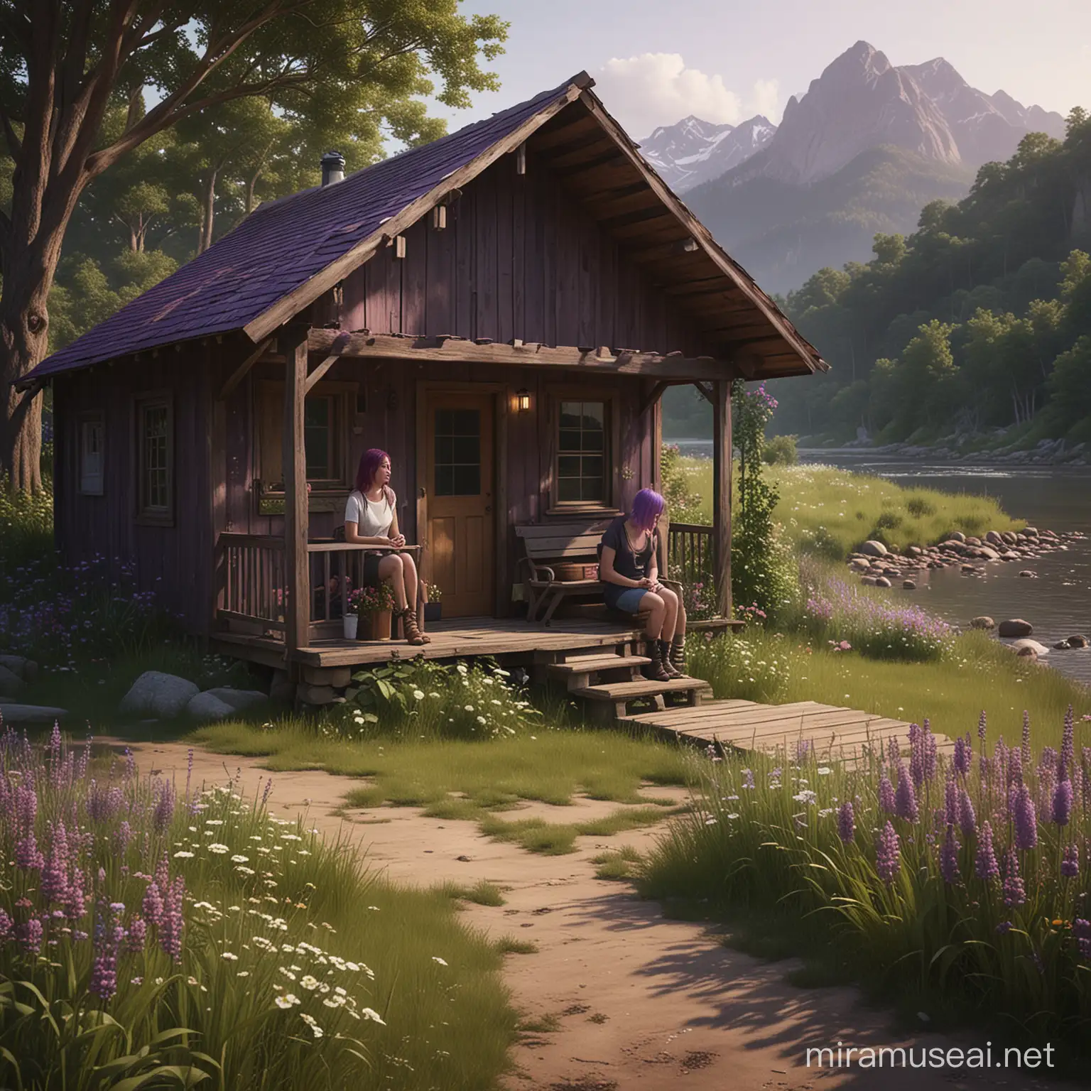 Subject: a young girl with brown hair, a women in her 30s with purple hair, they are meeting each other for the first time location: a small wood shack with a small front porch, river in front, mountains all around, trees, bunches of flowers in the grass style: realistic, moody, cinematic lighting, in the style of Christopher Doyle