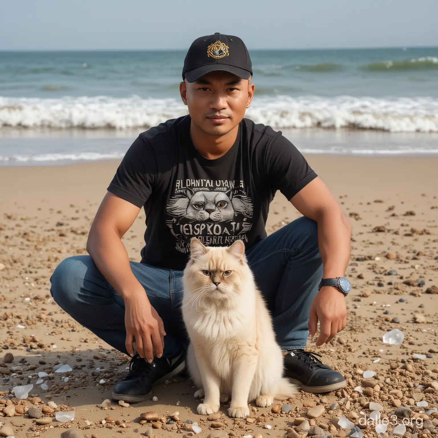 gambar pria Indonesia kepala gundul, umur 40 tahun memakai topi baseball, dan seekor kucing Himalaya yang sedang duduk di tanah berdua. Pria itu mengenakan kemeja, kaos hitam, jeans, dan sepatu. kucing Himalaya tampak diam seribu bahasa dan pria itu megang si singa. Mereka berada di pantai Kuta dengan ombak besar seperti kristal.