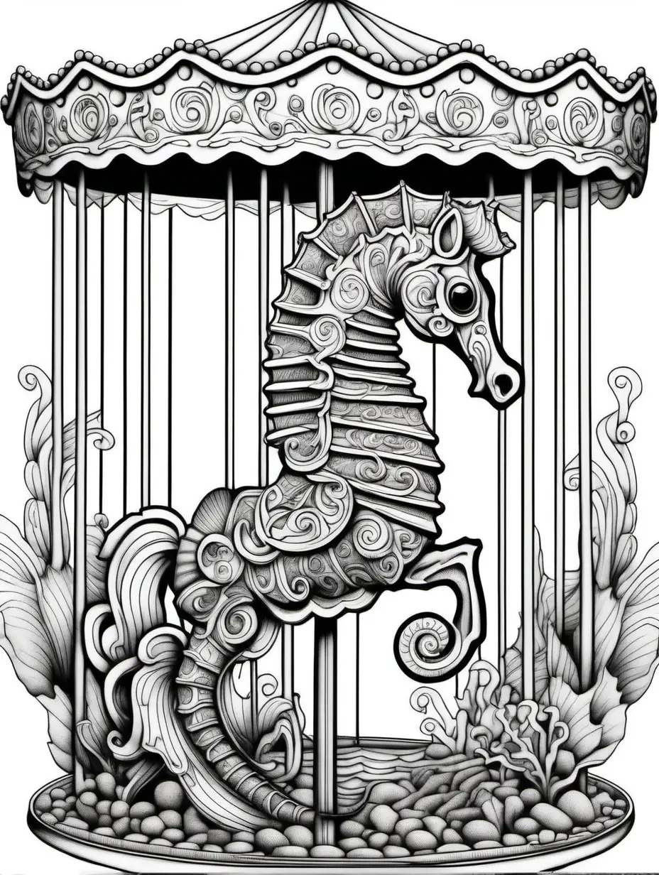 Detailed Coloring Page for Adults, carousel seahorse 
with no background Thick Lines and No Shade, 3:4 ratio
