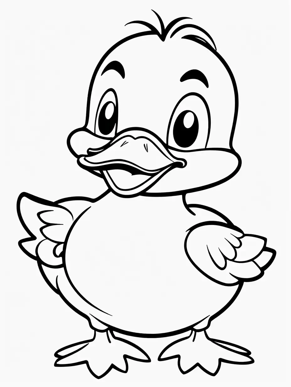 Very easy coloring page for 3 years old toddler. Cartoon smile  duck. Without shadows. Thick black outline, without colors and big  details. White background.