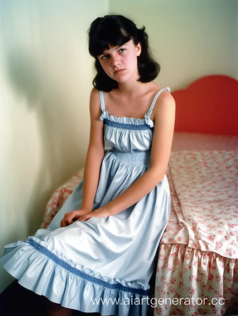 18 Jahre alte Anke Götz aus Liederbach am Taunus, mit dunklem Bubikopf, in einem gesmokten Lamé Sommerkleid mit Spaghettiträgern und langem Volantrock, in Ihrem Zimmer, 