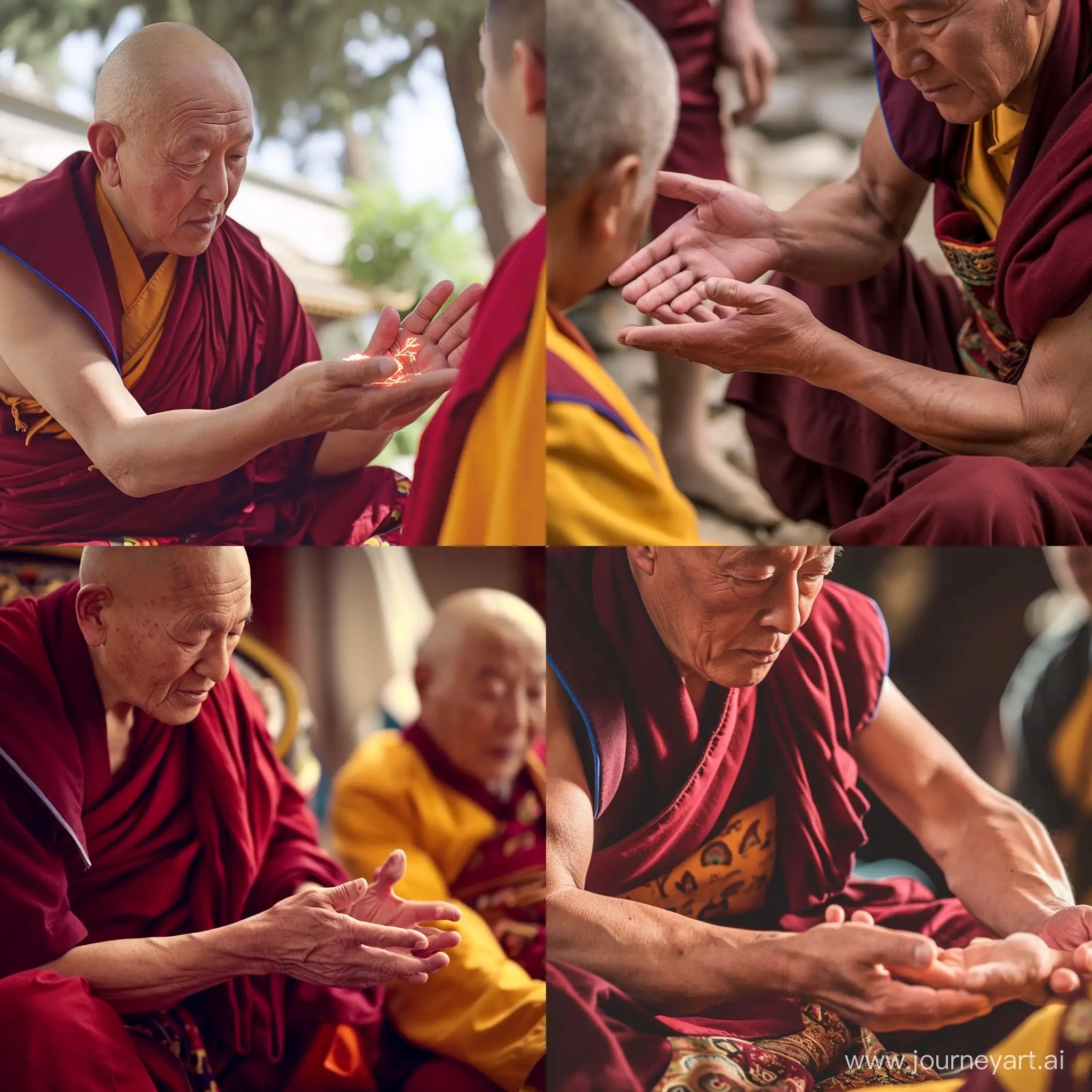 Тибетский монах исцеляет человека прикосновением своих ладоней.