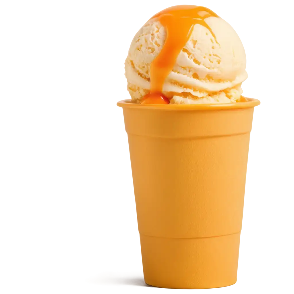 yellow and orange colored ice cream in a small and short paper cup, the ice cream is shaped in to a ball