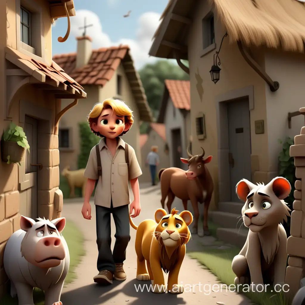 Лео идет по деревне, задавая вопросы своим друзьям и животным.
