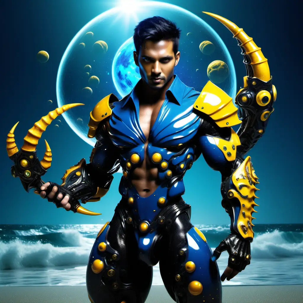 man has black blue iron shiny weapons in parallel universe,A handsome and sexy attractive Scorpio man, he has all the elements of Scorpio.
​futuristic,It is a yellow planet with small sea creatures in bowls around it.