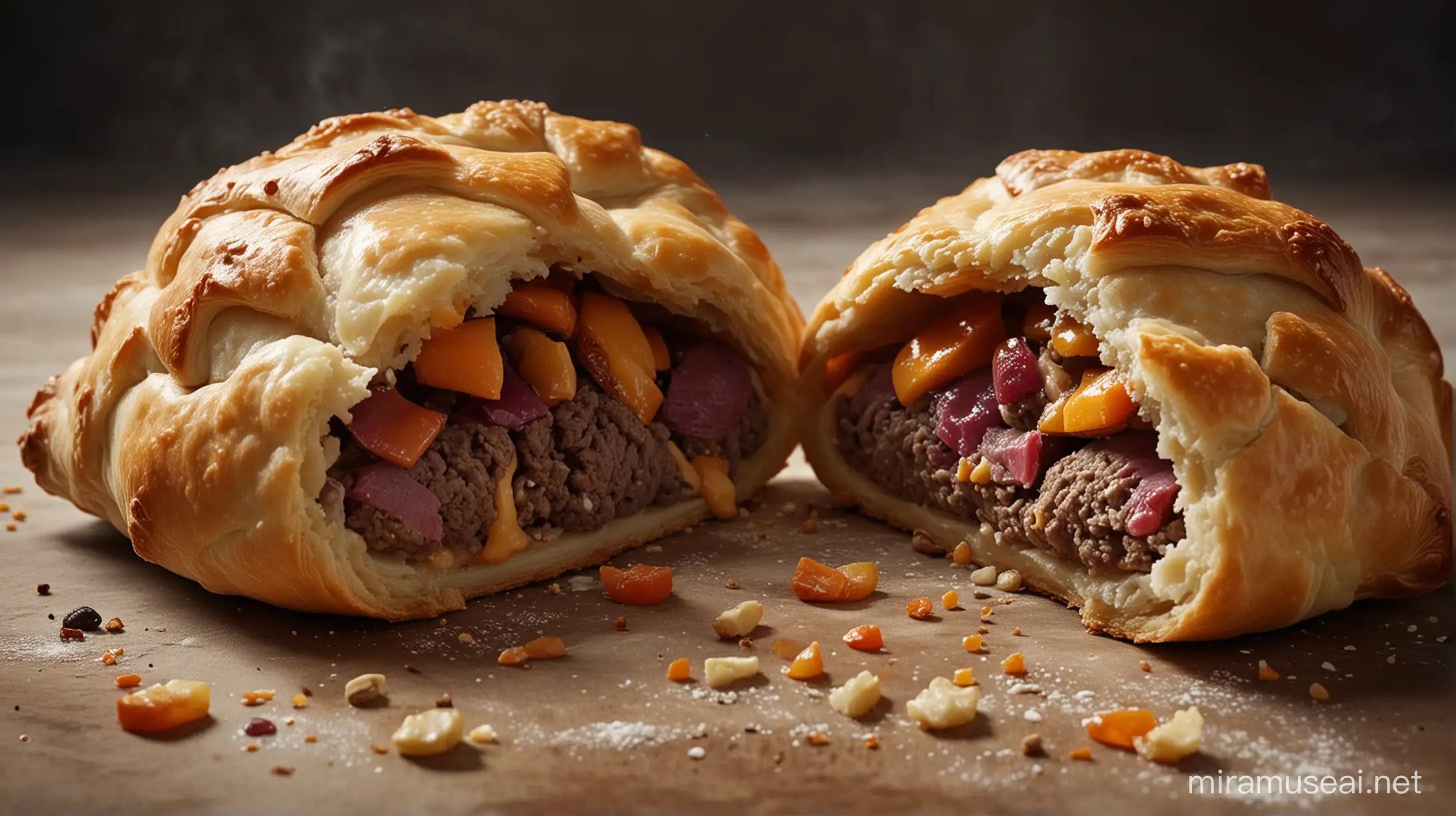 incredible beautiful [pasty], broken in half, multiple colours, cinematic shot, photo realism, incredibly detailed, professional lighting,