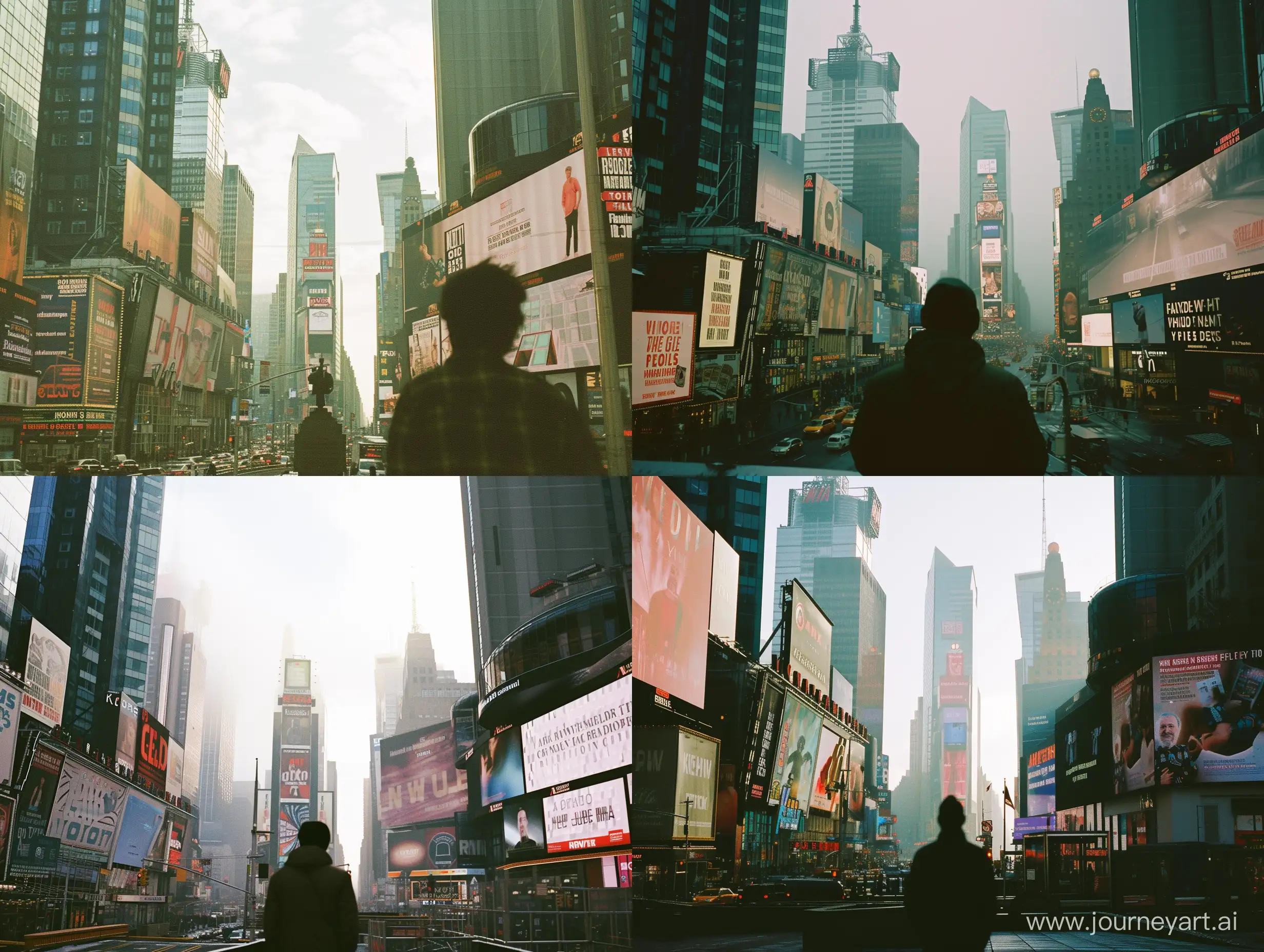 A photo of the New York City skyline taken with Kodak Gold 200 film, capturing the natural lighting and busy city environment. The style is raw and the view is from a third person perspective, with billboards in the background. In the center, a man is seen standing in Times Square.