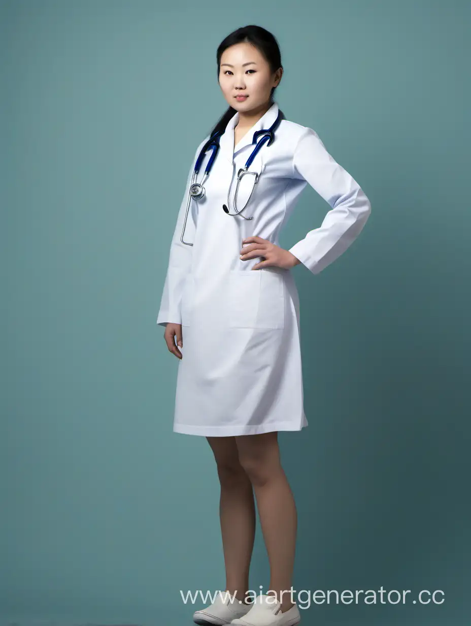 Молодая бурятская медсестра с голыми ногами и длинными рукавами, полный рост