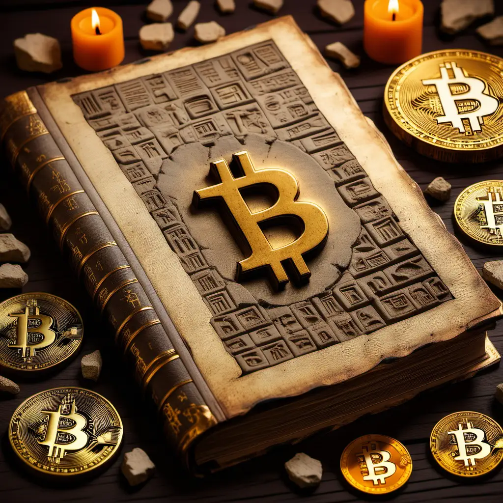 Antique Book Featuring Bitcoin and Ancient Hieroglyphs