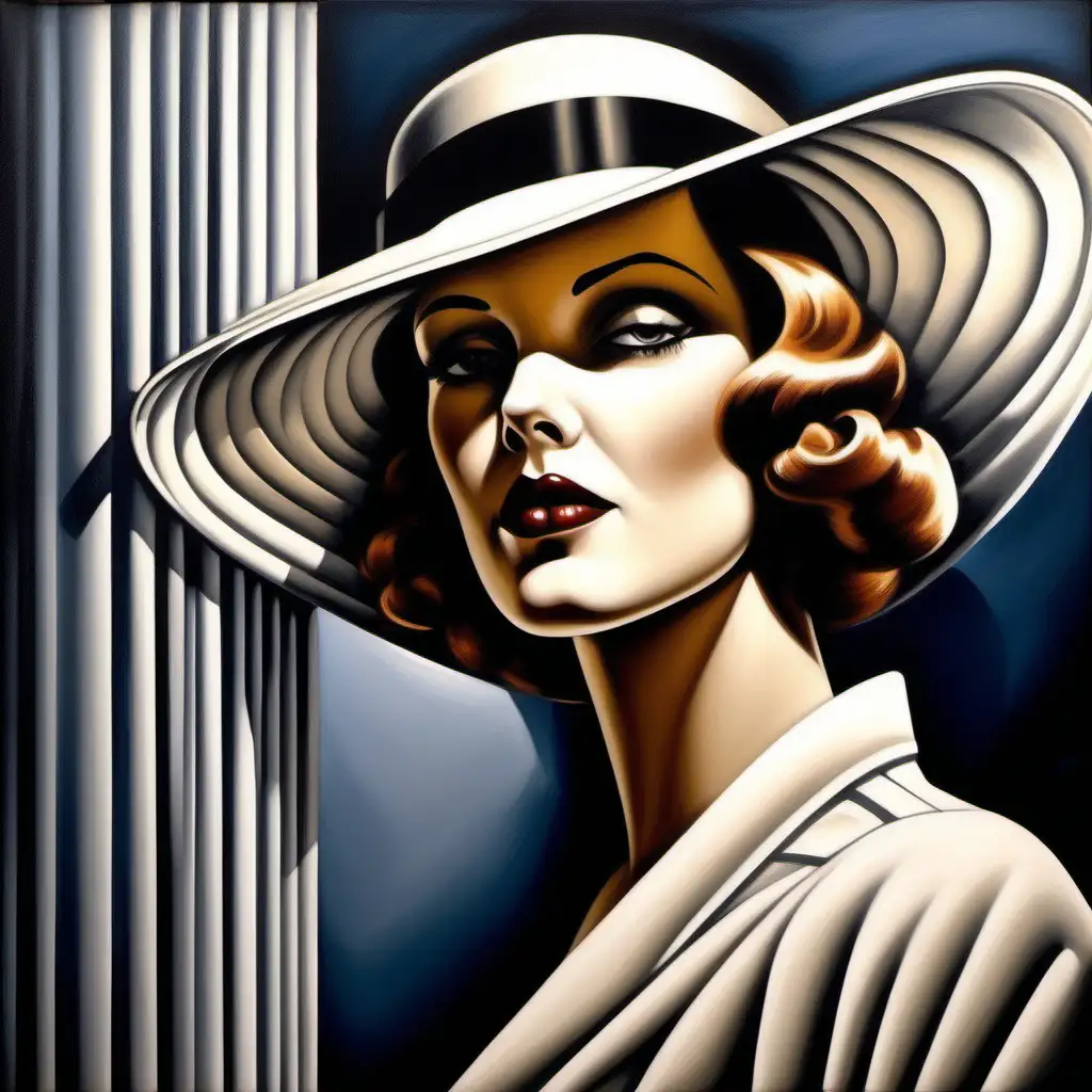 a striking portrait of A WOMAN CLOTHED IN 1930'S STYLE CLOTHING,  inspired by the distinctive high contrast style of Tamara de Lempicka from the Art Deco era.  Show sleek curves and sharp angles of the subject.     use range of colors in the skin, and  EXAGGERATE LINES AND CURVES .  FULL COLOR PAINTING  SHOW MORE BODY AND CLOTHING THAN ONLY HEAD AND SHOULDERS 