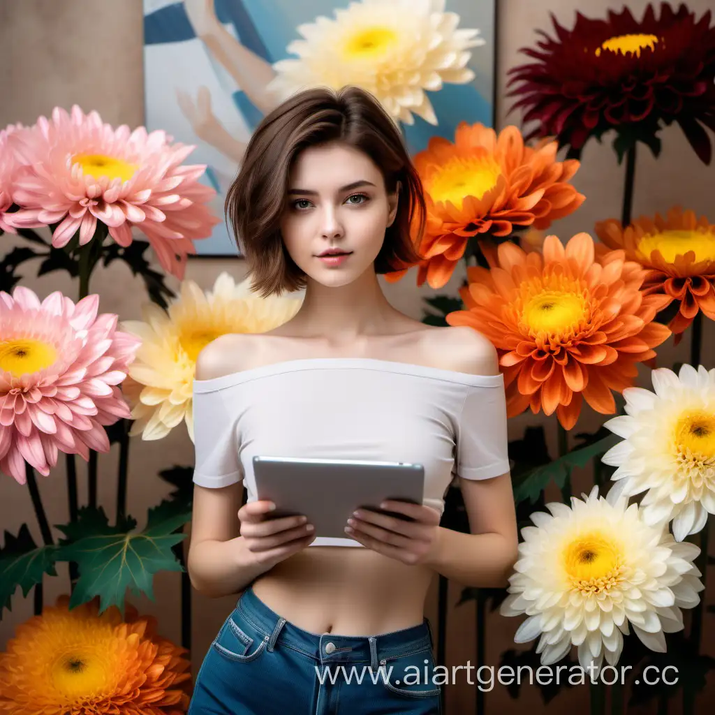 Stylish-Young-Woman-with-Tablet-Surrounded-by-Chrysanthemum-Art