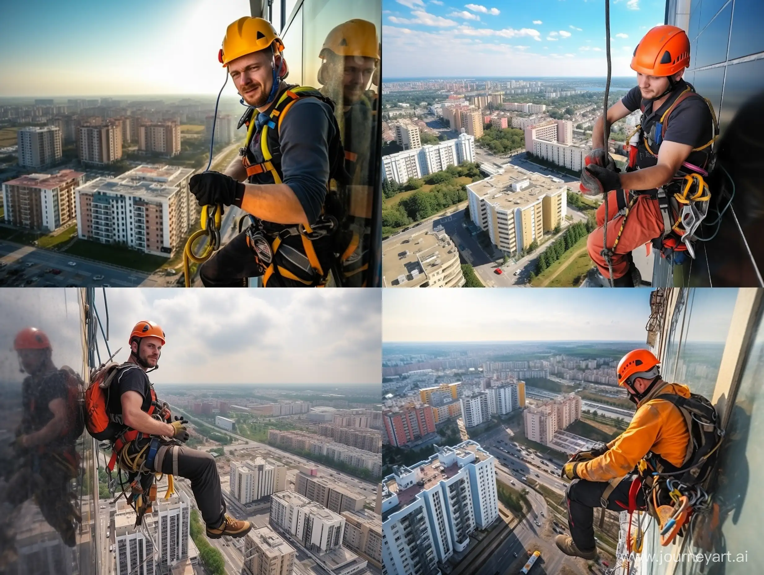climber with petzl equipment, washes glass windows on a residential building in the city,  a rag in his hand, a bucket of water hanging nearby, against the backdrop of Lakhta center