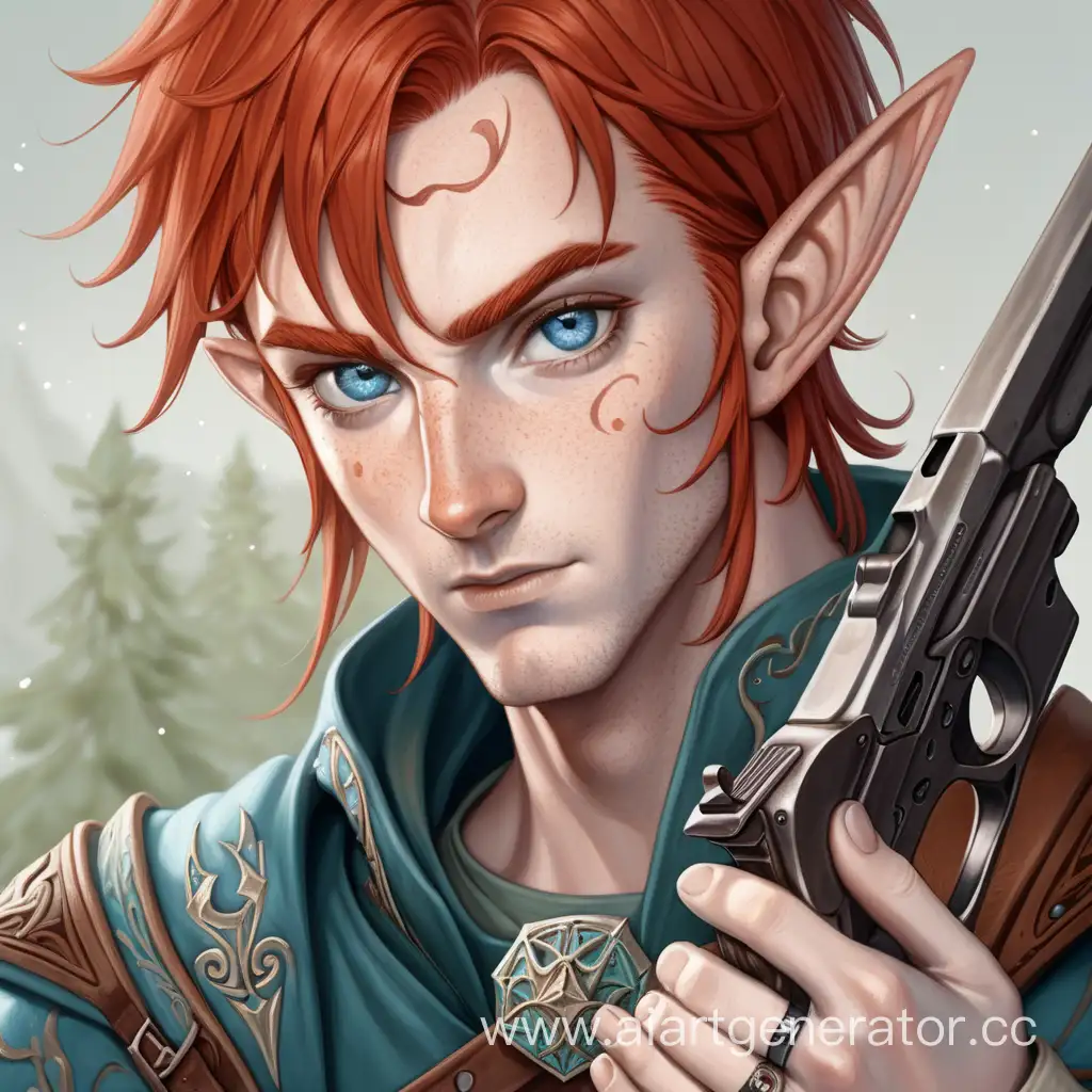 Парень с эльфийскими ушами ,с пистолетом голубыми глазами, и короткими красными волосами ,и веснушками