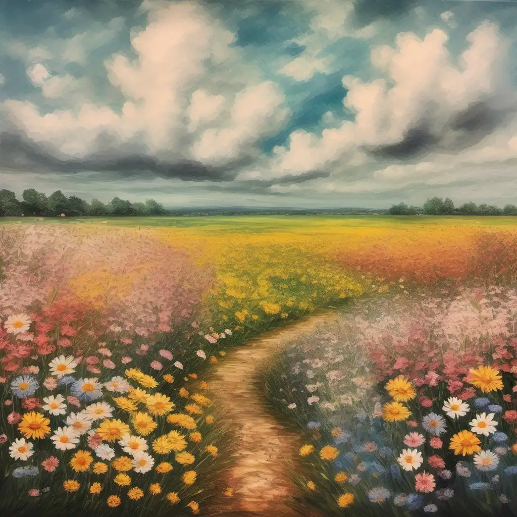 Vibrant Flower Field under Cloudy Vintage Sky Captivating Oil Paint Scene