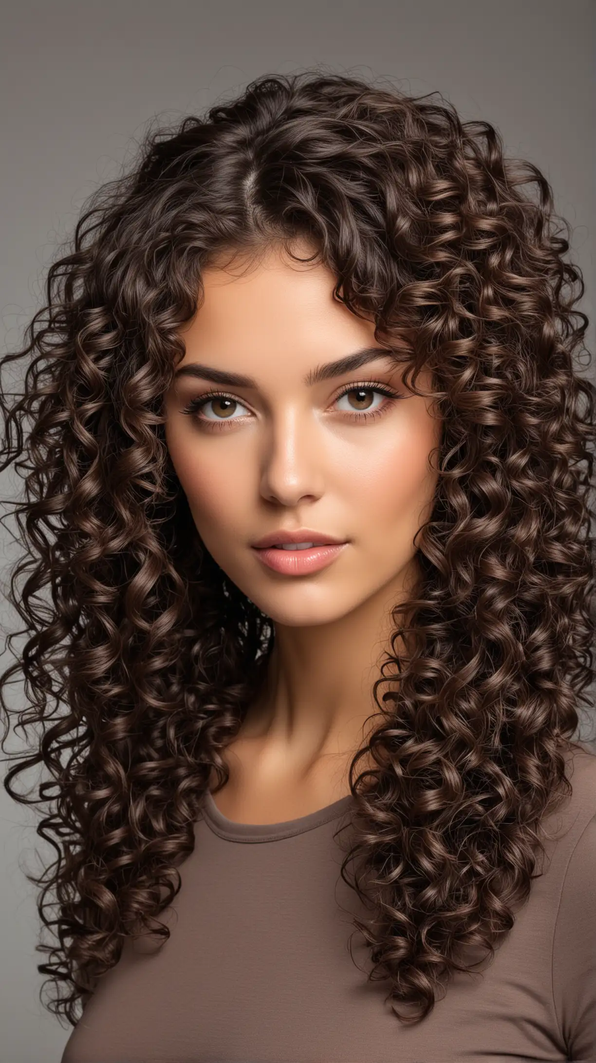 Beautiful model with The Curly Butterfly Cascade haircut, thick curly hair, age 30, urban origin 