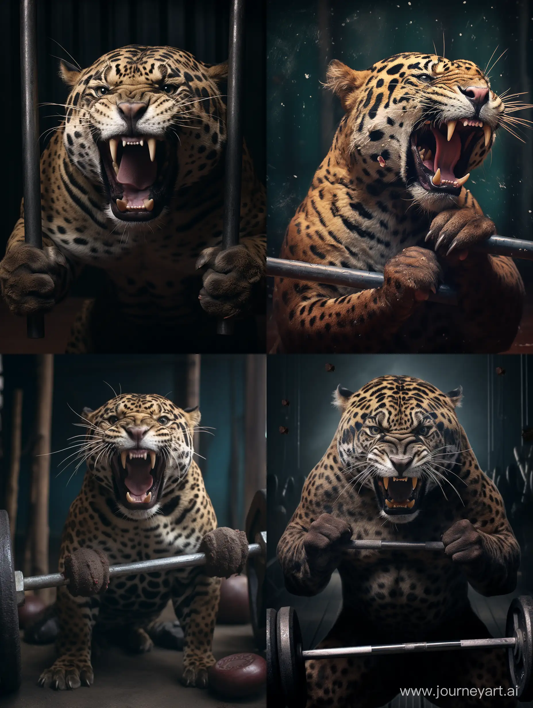 jaguar bitting a crossfit barbell with weights
