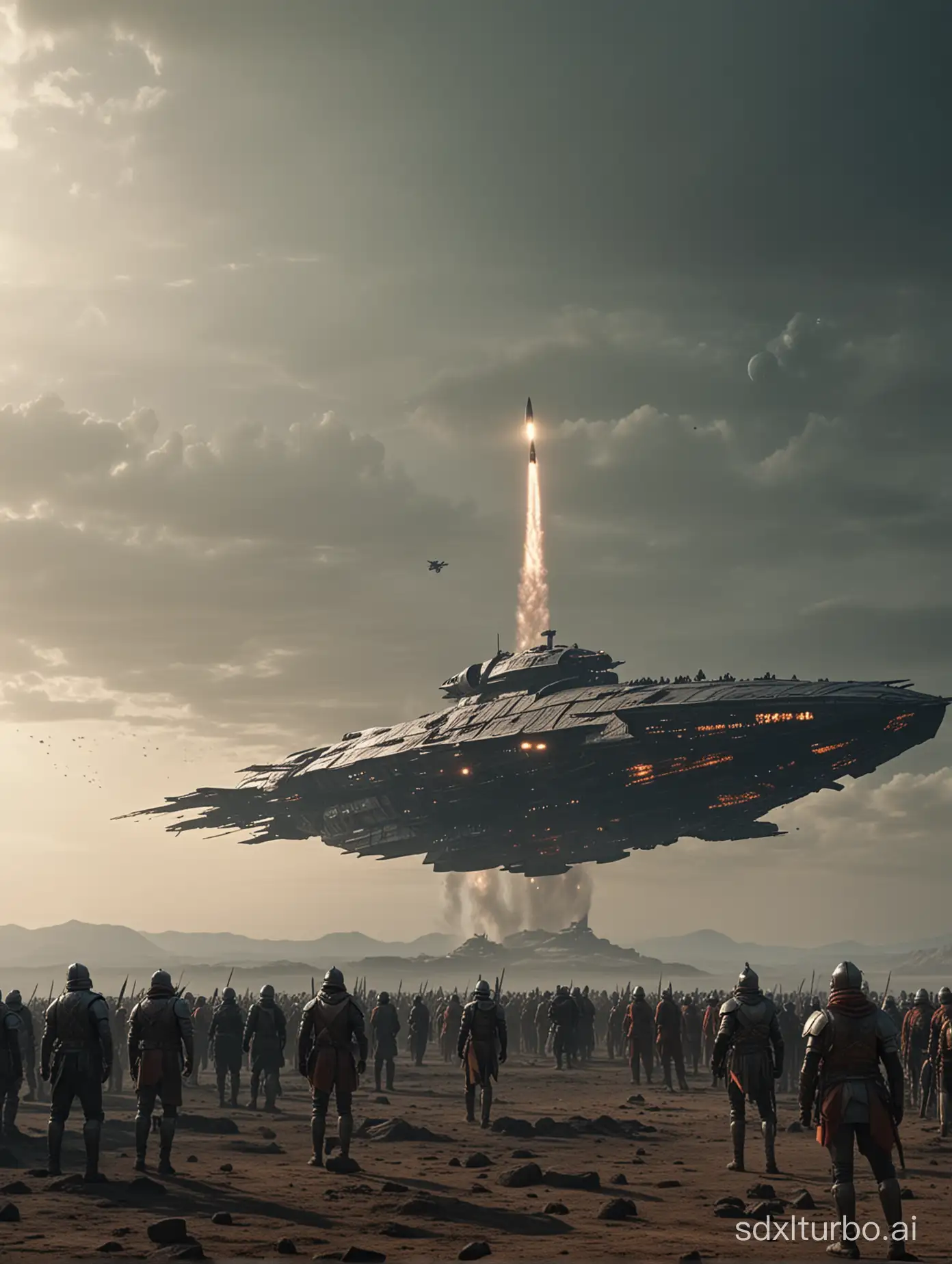 Wide shot of a medieval indian battlefield, Maratha and mughal soldiers facing each other,a huge spaceship that seems to be a blend of Indian culture and futuristic sci fi vehicle approaches downwards from the sky above,cinematic,4K,dark grungy, Directed by Zack Snyder,shot on Arri Alexa.