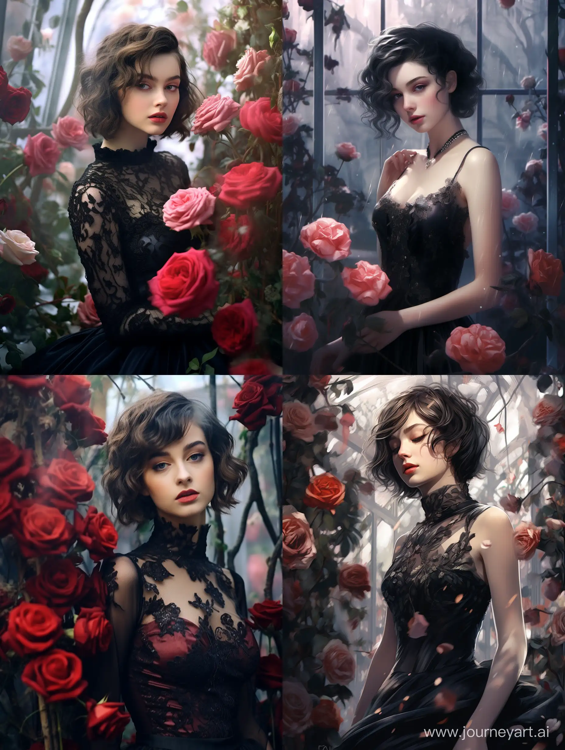 Девушка с короткой стрижкой, с темными волосами, в красивом платье в зимнем саду с цветущими розами