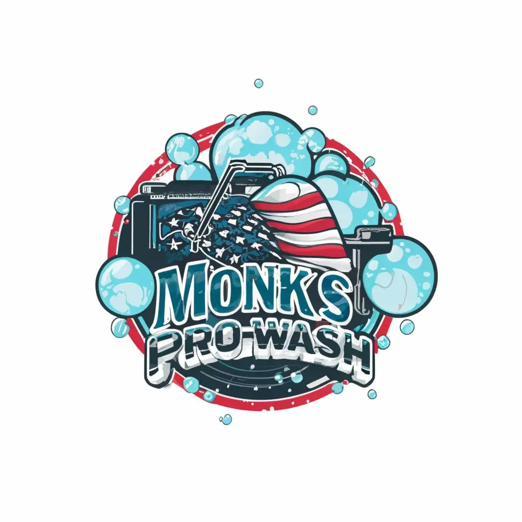 LOGO-Design-for-Monks-ProWash-American-Flag-Theme-with-Pressure-Washing-and-Bubbles