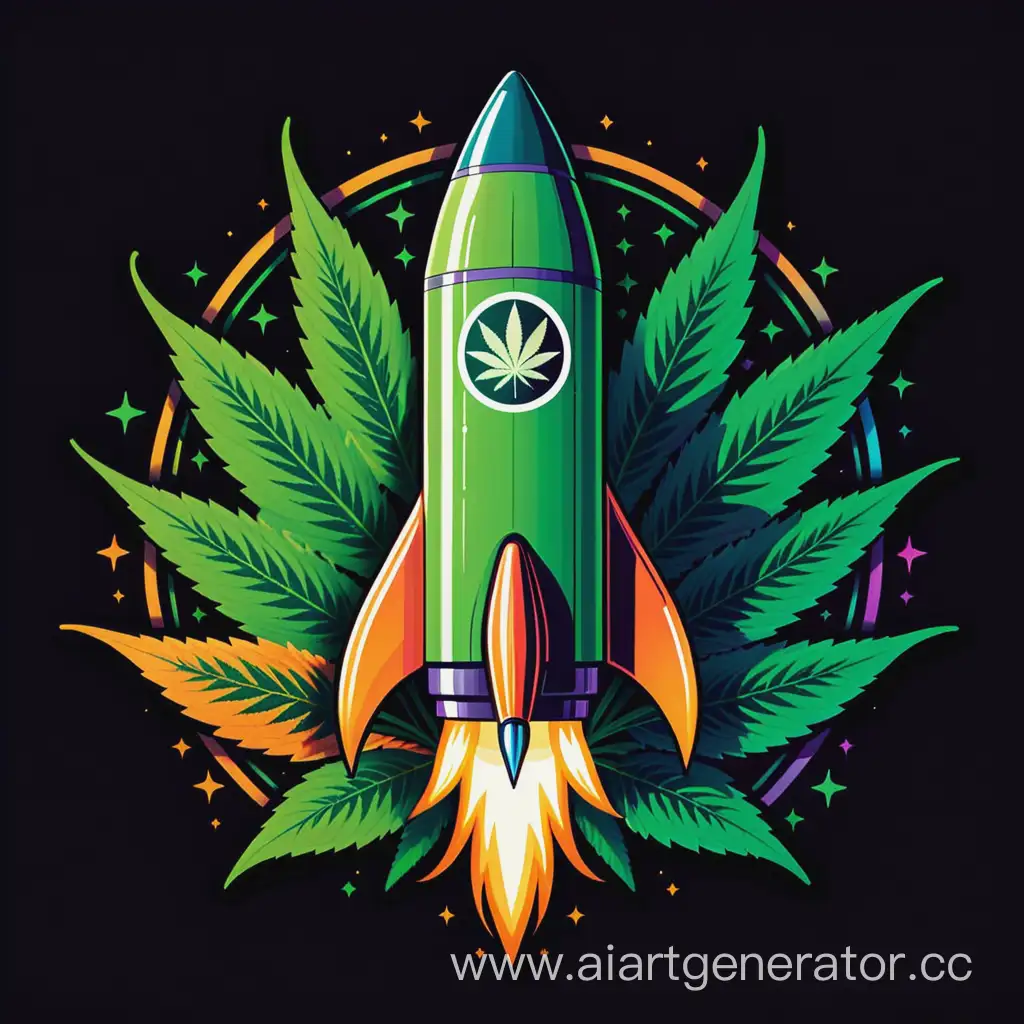 логотип яркая ракета и на ней куст с марихуаной 