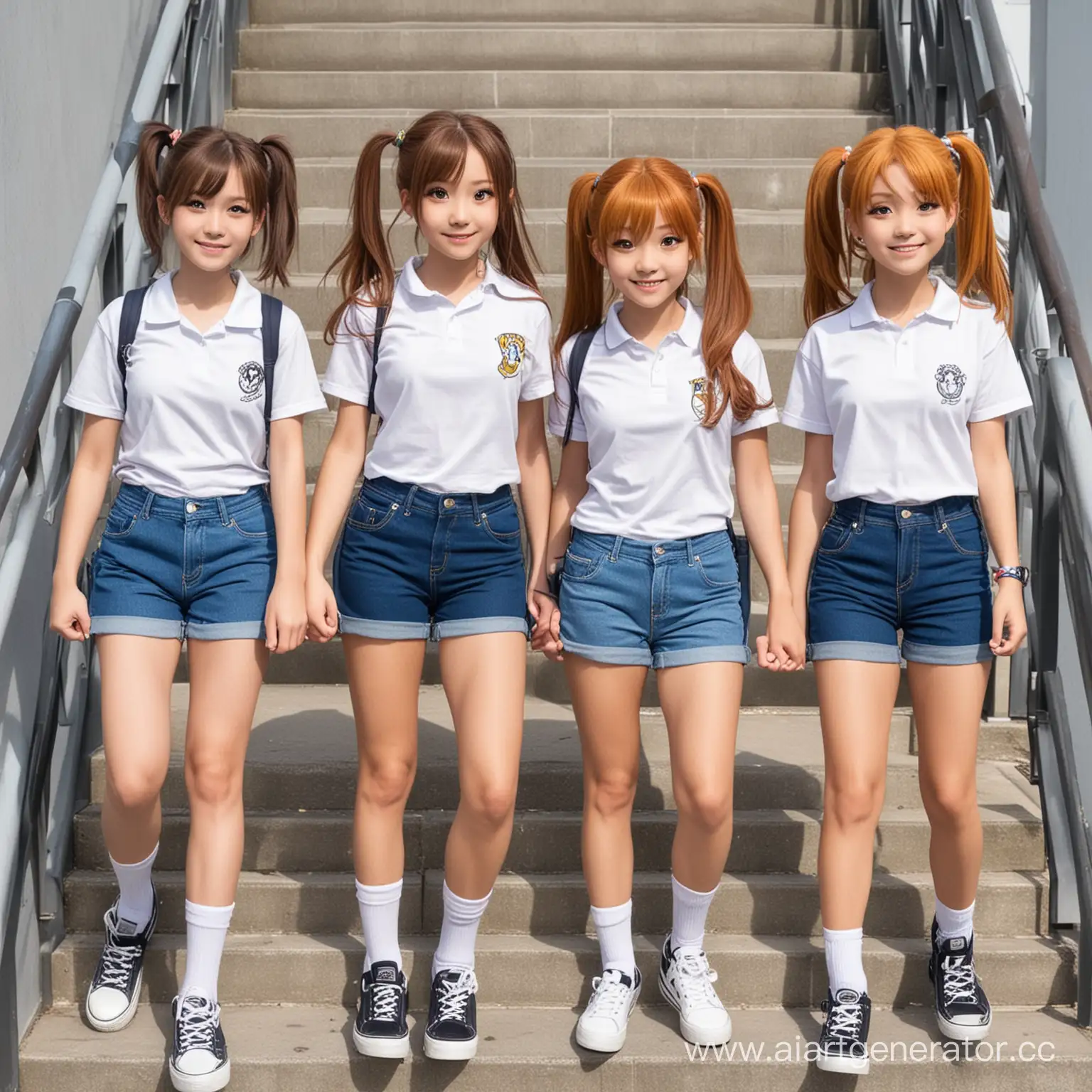 Diverse-Group-of-Schoolgirls-Descending-Stairs-in-Casual-and-Uniform-Attire
