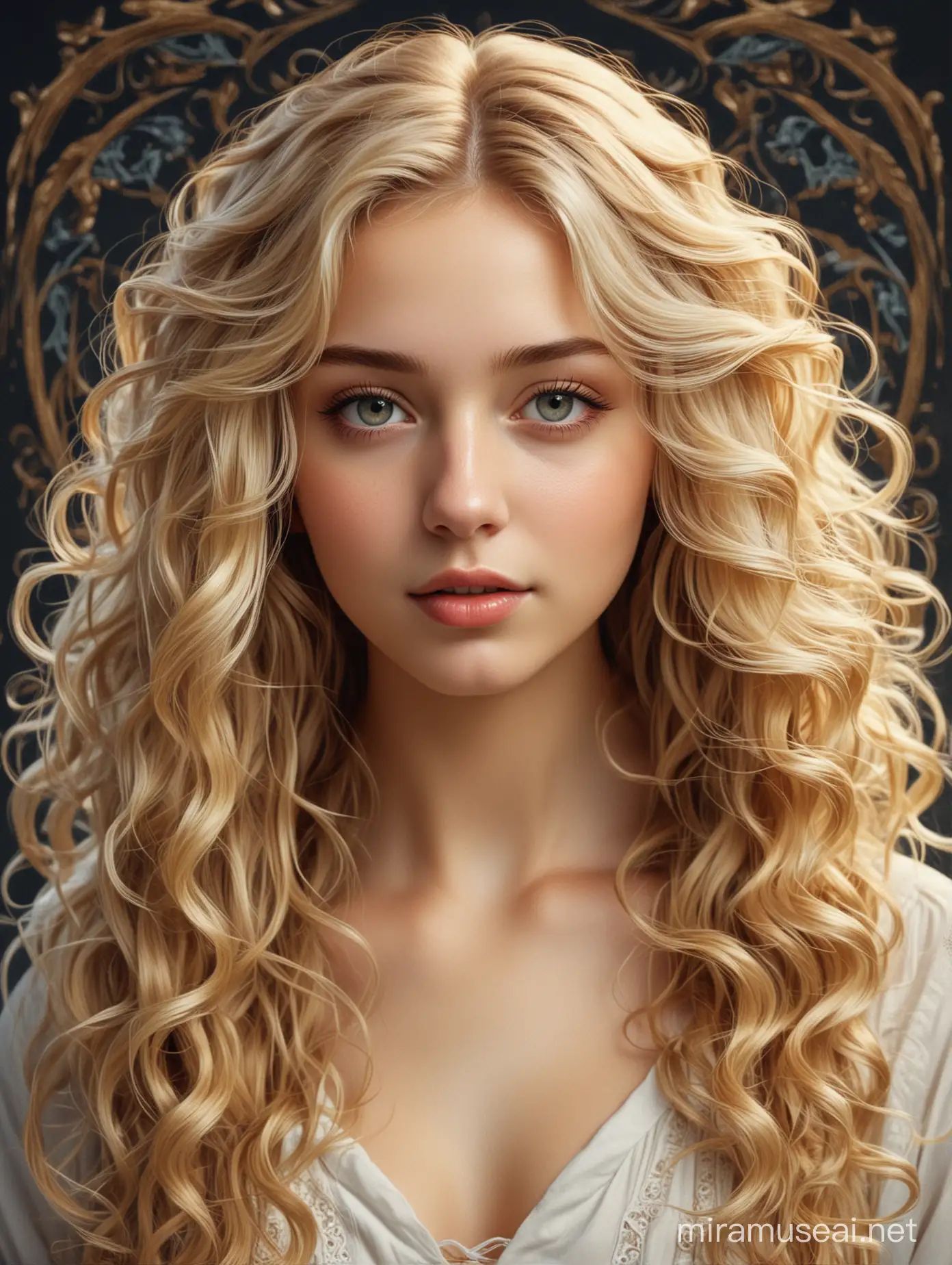 Портрет девушки, длинные волосы, блондинка, светлые глаза, юная, красивая девушка, волосы вьются, высокое качество текстур, обработка, стиль арт-нуво, иллюстрация