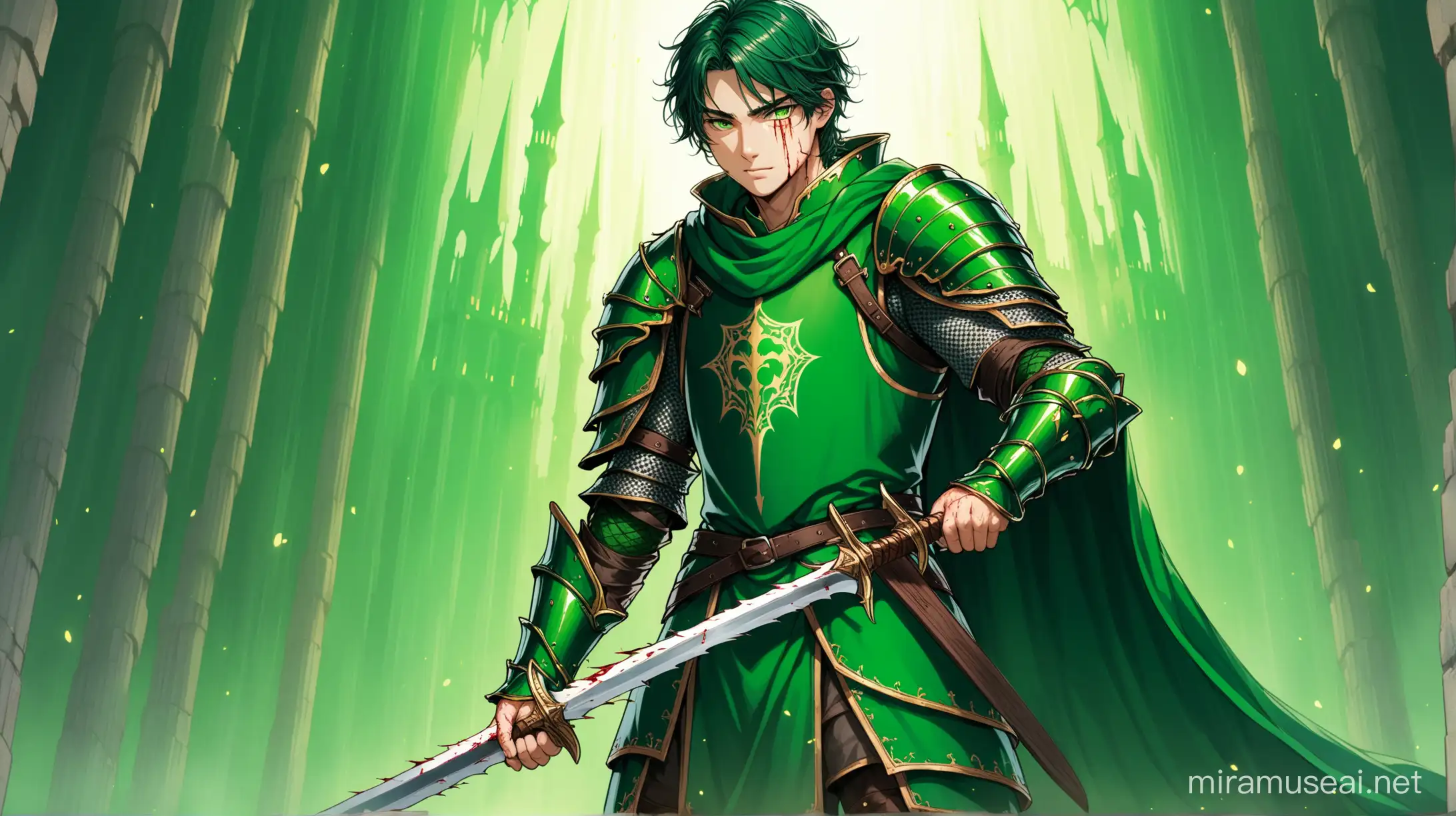 Resilient Young Knight in Green Armor with Wounded Arm Holding Sword