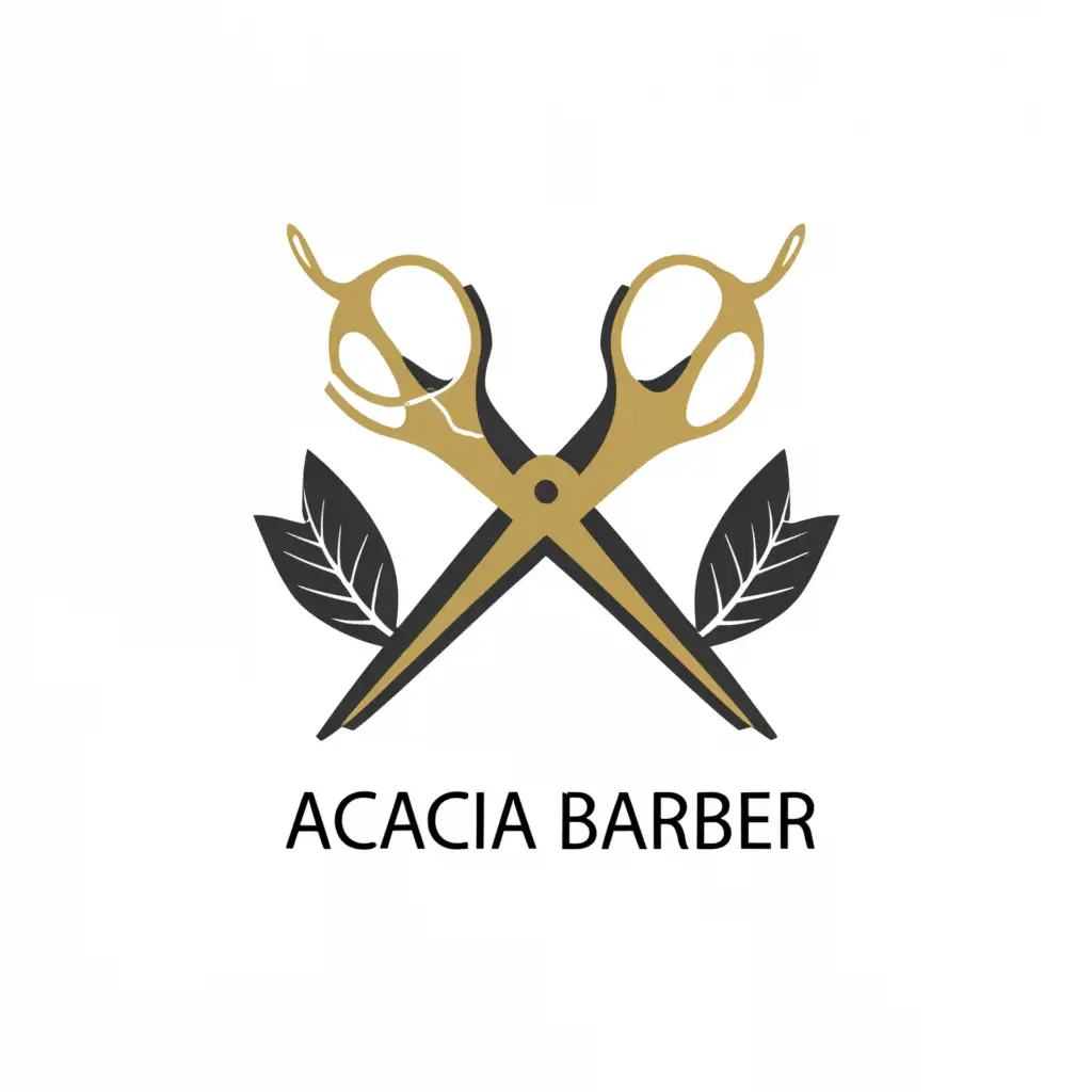 a logo design,with the text "Acacia Barber", main symbol:scissors and Acasia leaf and make simpler gold icons and text and black background,complex,clear background