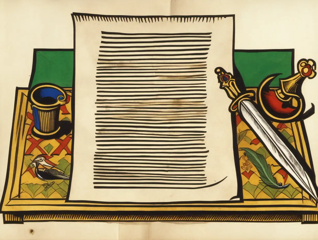 Ein leerer Brief liegt am Tisch. Daneben liegt eine Schreibfeder  Zeichenstil: Codex Manesse