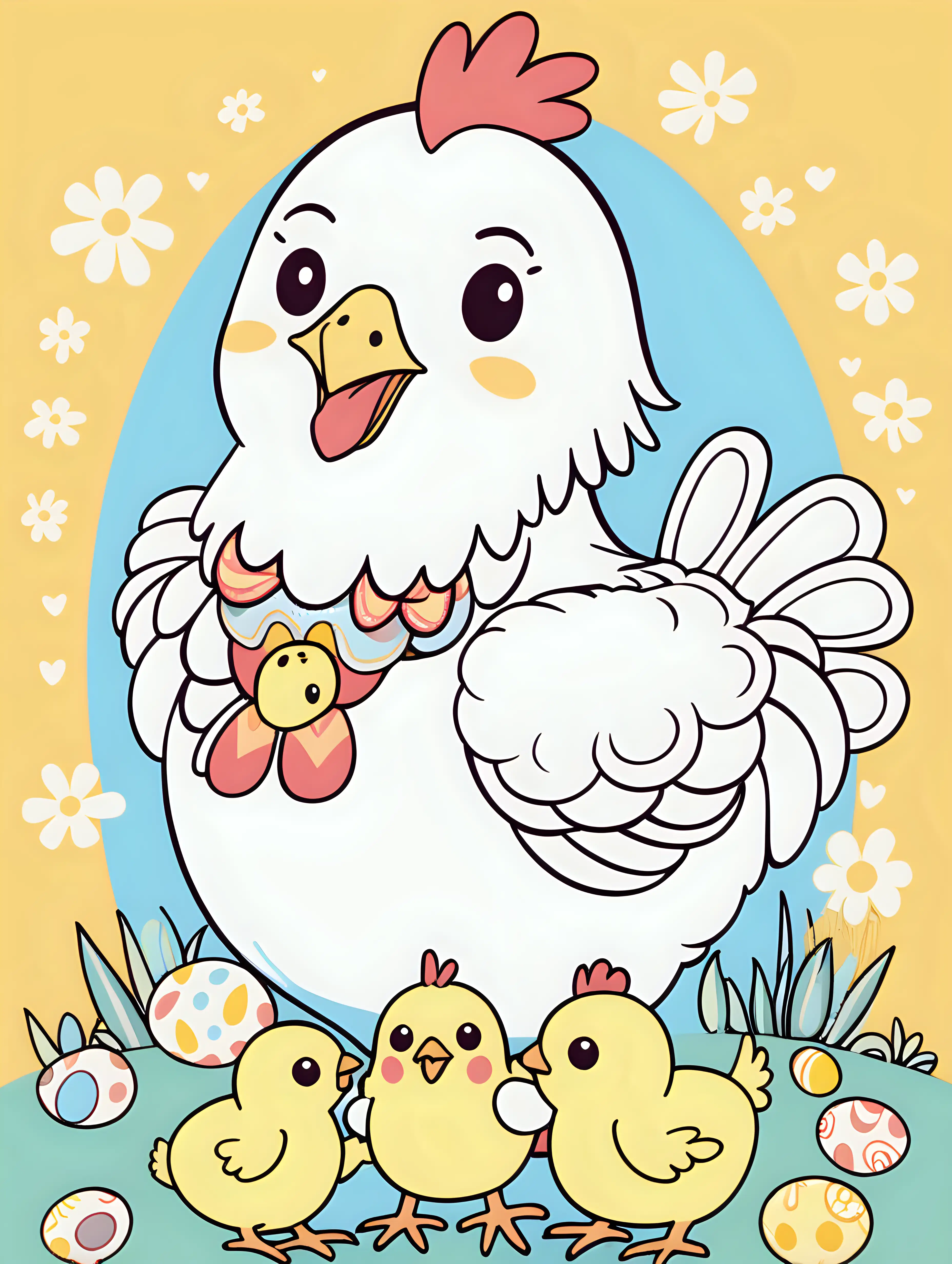 happy kawaii mama chicken with baby chicks, easter atmosphere, colored , bold art lines, vector, hd