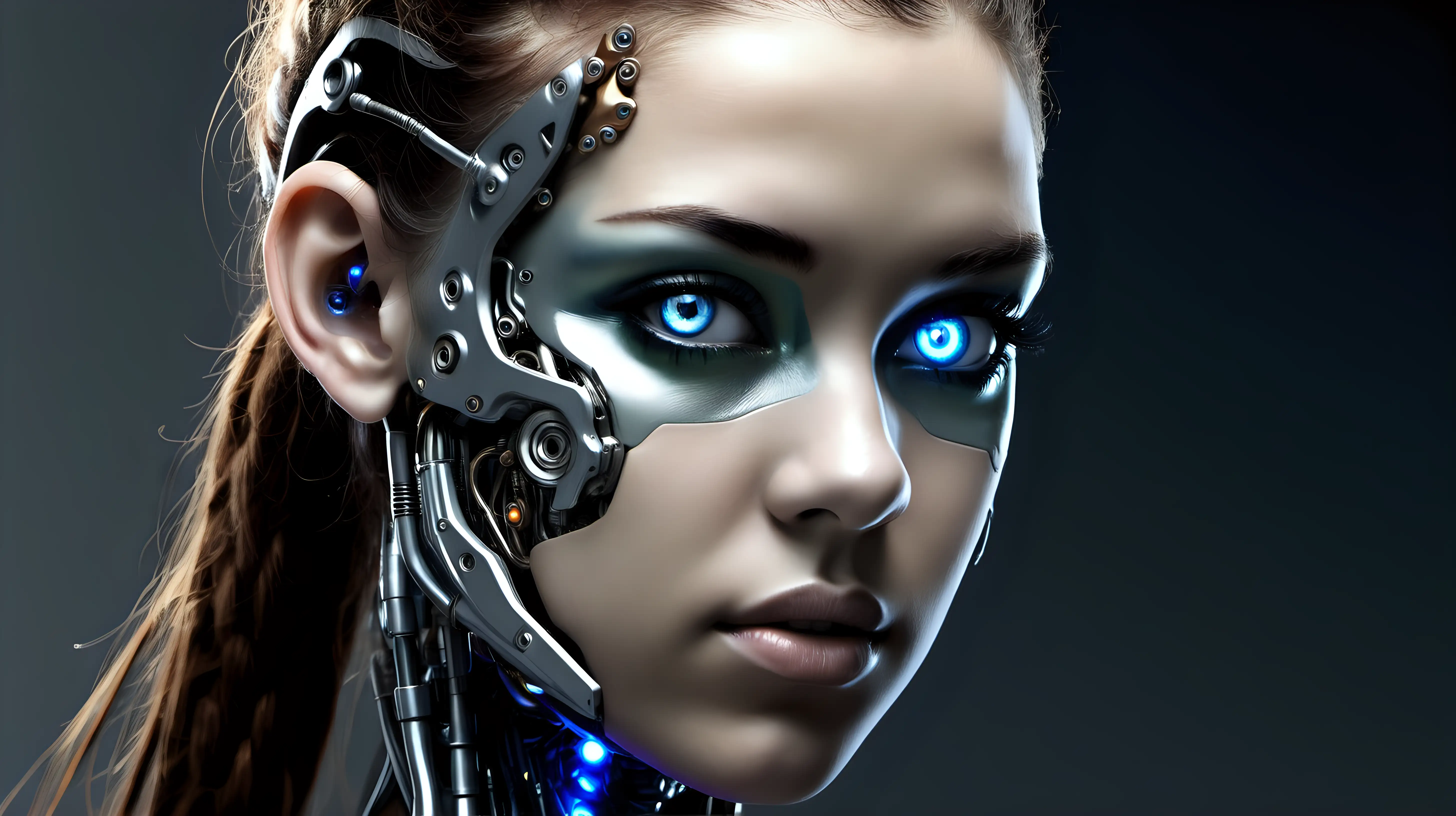 Cyborg woman, 18 years old. She has a cyborg face, but she is extremely beautiful. Try different eye colors.