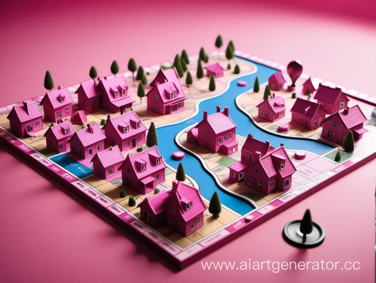 pink world of vocals with a map like in a board game, where there are houses, roads, and a river
