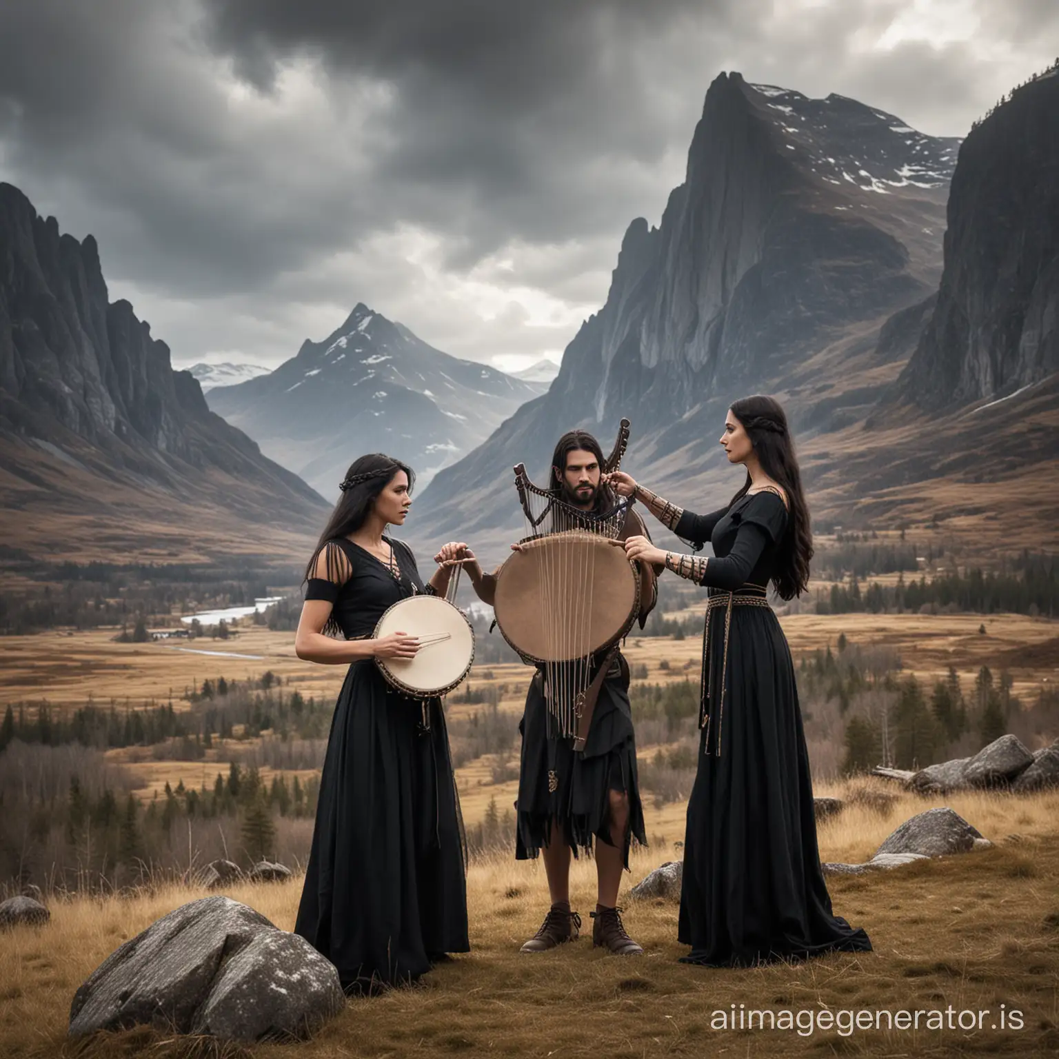 Norse-Man-and-Woman-Performing-Music-against-Mountain-Backdrop