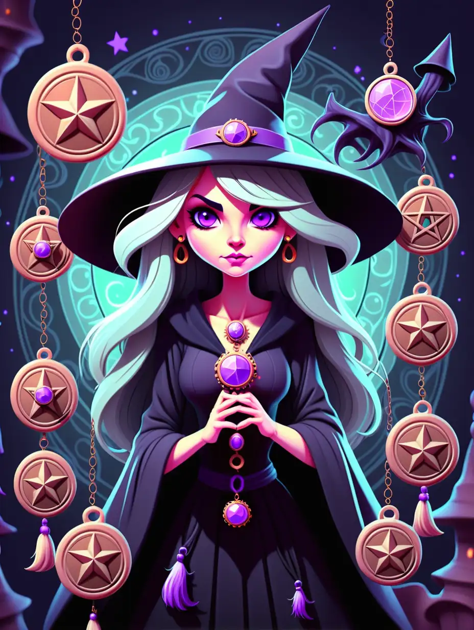 Enchanting Scene with Cute Witches and Mystical Medallions