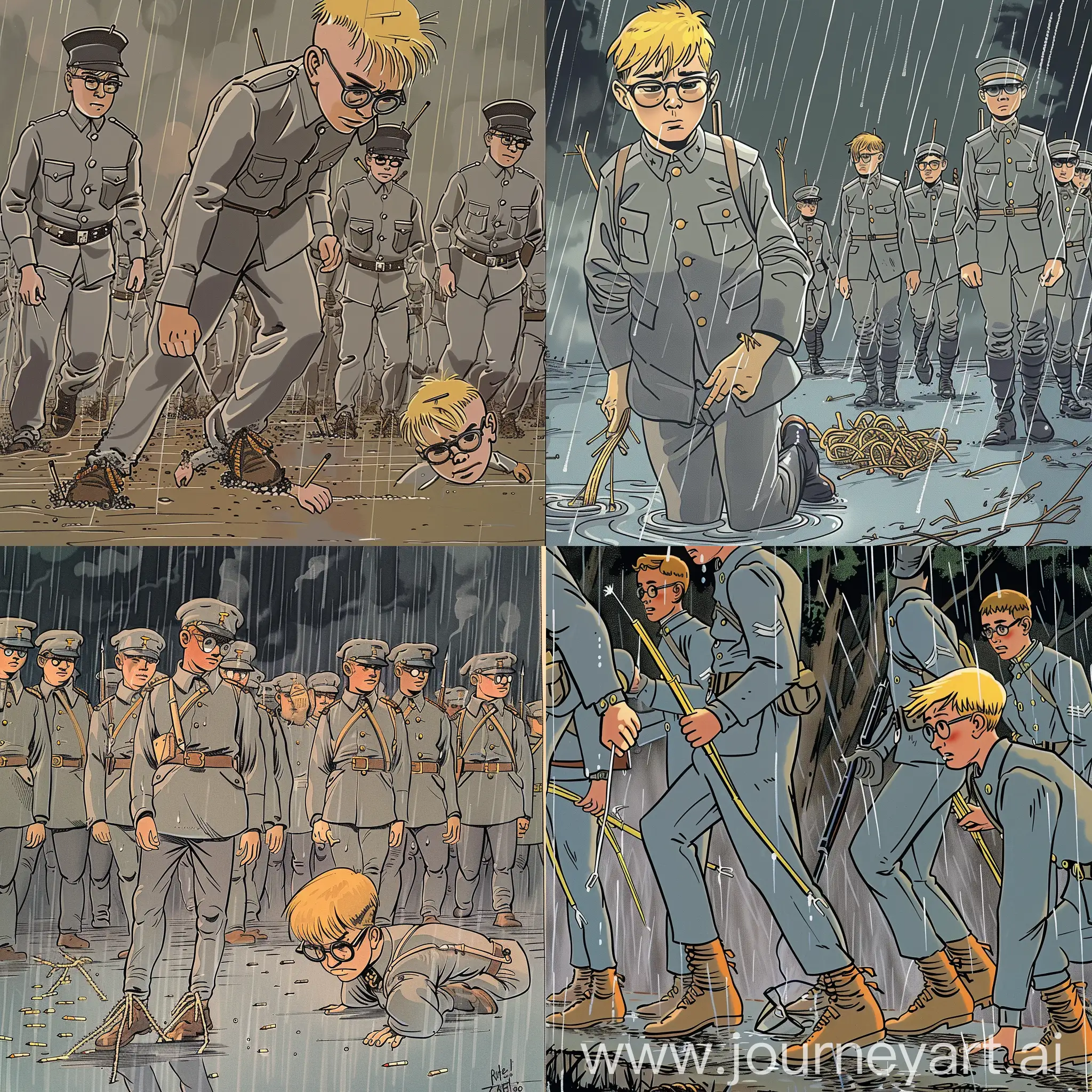 American Civil War illustration, Heavy rain, young men in gray uniforms, small straws sticking out of their shoes, walking on geld, a blond boy with glasses, has fallen, Hergé, flat cartoon color, bold lines, vivid colors
