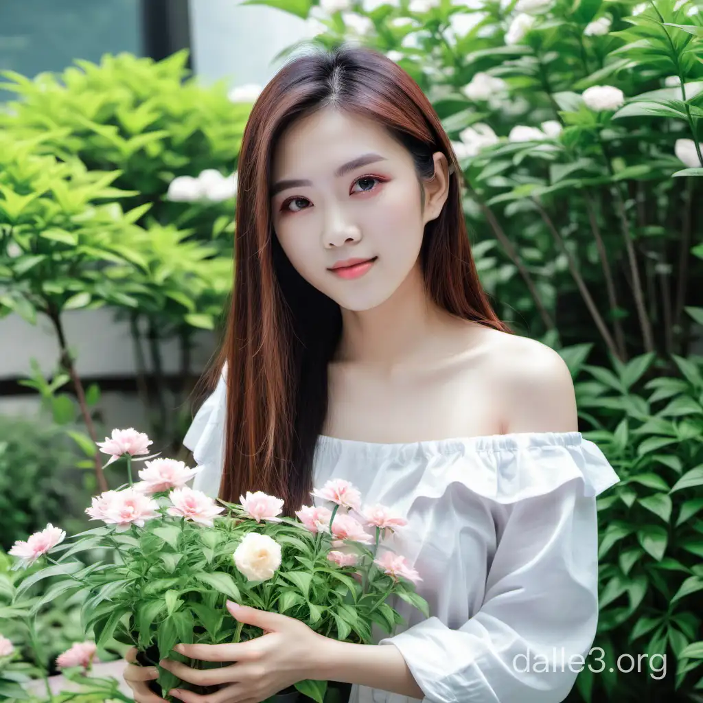 woman, 25 years old, blogger, long hair, pretty Chinese face, charming, plant flowers in garden