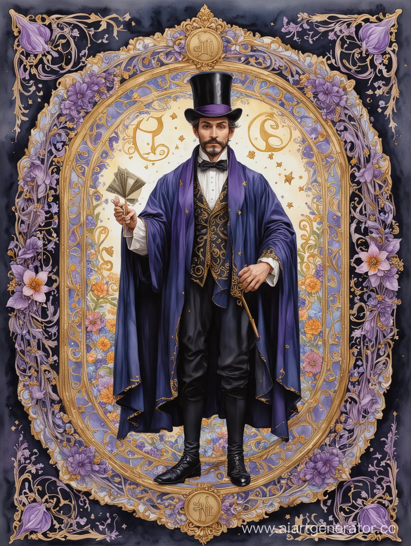 Magician-Wizard-Performing-Infinite-Heart-and-Money-Magic-Watercolor-Tarot-Card-Art