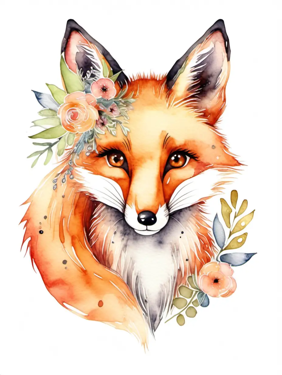 Cute fox, watercolour, boho style